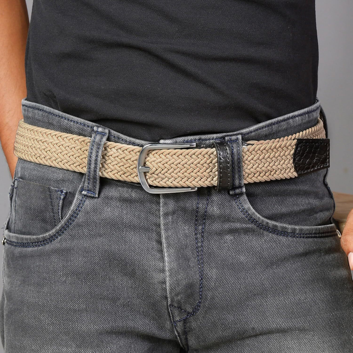 Louis Stitch Men's Sheraton Beige Braided Elastic Stretch Belt With Leather Tipped End Stretchable Canvas Waist Band For Men Women Boys Girls Unisex (26-34 Inch Waist) (Be-El)