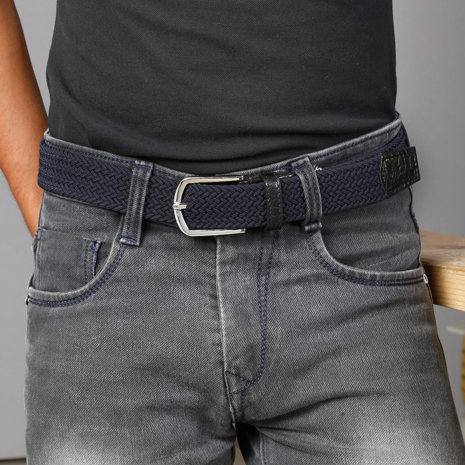 Louis Stitch Men's Sapphire Blue Braided Elastic Stretch Belt With Leather Tipped End Stretchable Canvas Waist Band For Men Women Boys Girls Unisex (26-34 Inch Waist) (Be-El)