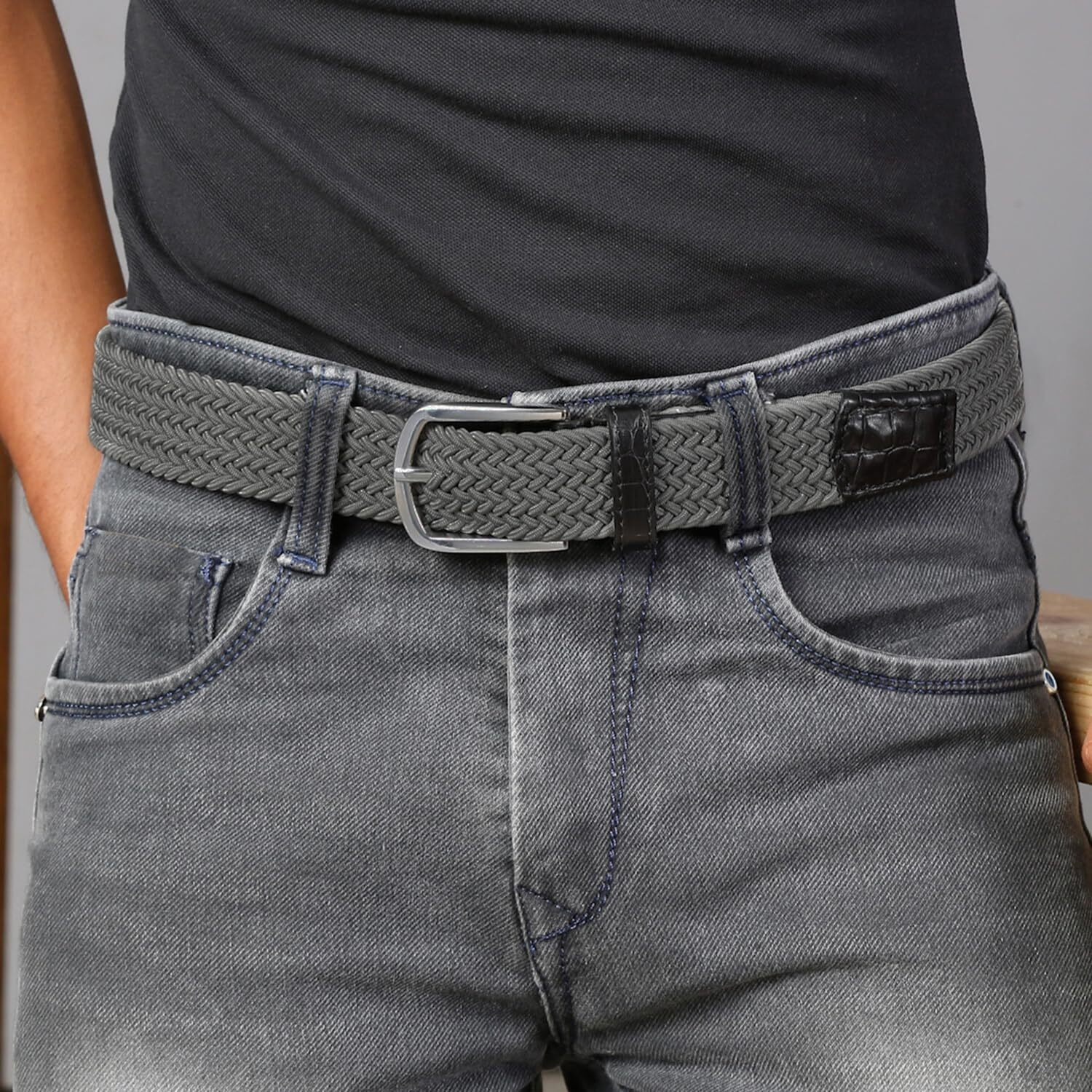 Louis Stitch Men's Graphite Grey Braided Elastic Stretch Belt With Leather Tipped End Stretchable Canvas Waist Band For Men Women Boys Girls Unisex (26-34 Inch Waist) (Be-El)