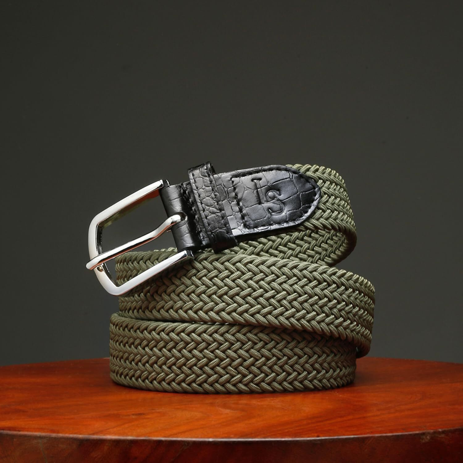Louis Stitch Men's Olive Green Braided Elastic Stretch Belt With Leather Tipped End Stretchable Canvas Waist Band For Men Women Boys Girls Unisex (26-34 Inch Waist) (Be-El)