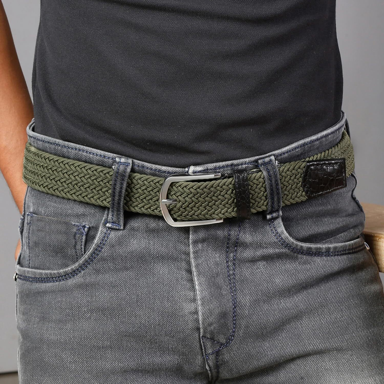 Louis Stitch Men's Olive Green Braided Elastic Stretch Belt With Leather Tipped End Stretchable Canvas Waist Band For Men Women Boys Girls Unisex (26-34 Inch Waist) (Be-El)