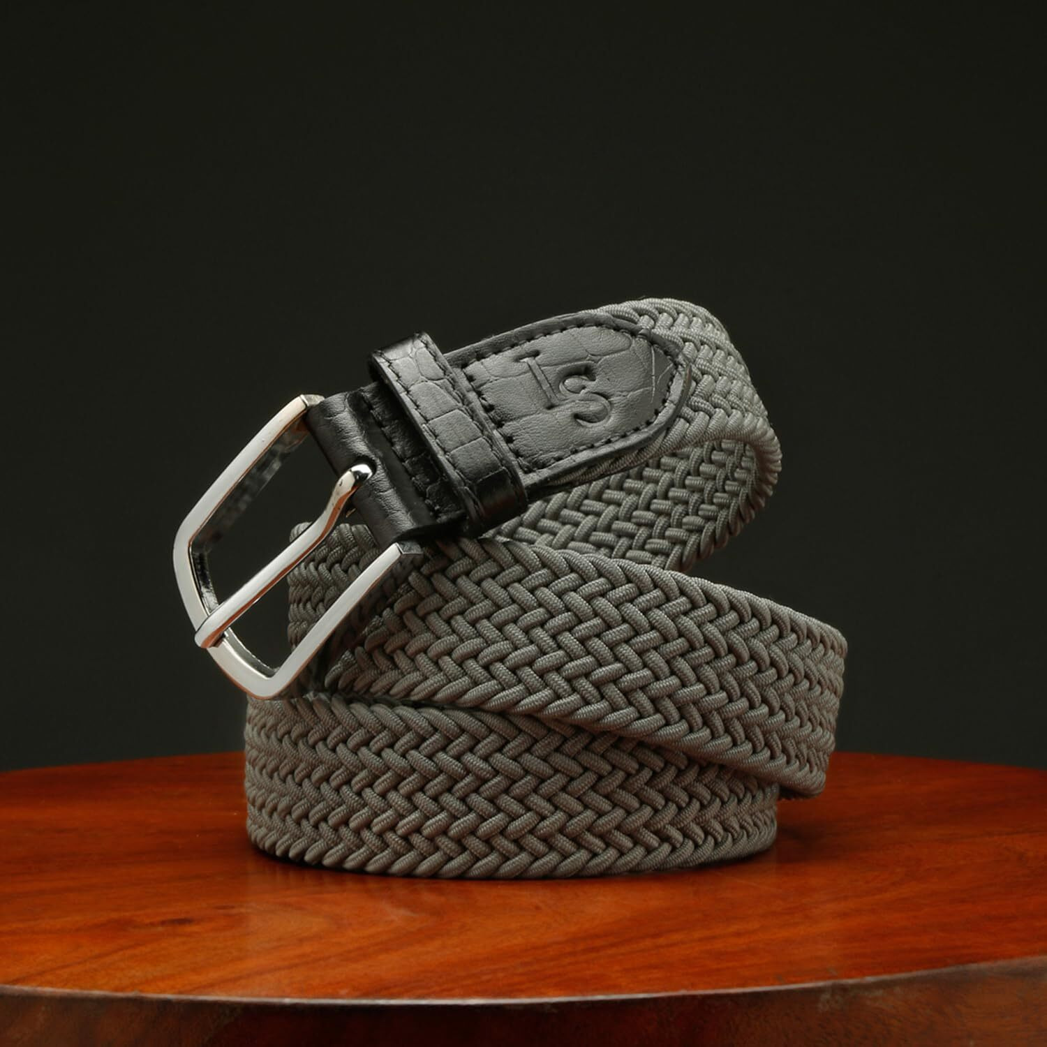 Louis Stitch Men's Graphite Grey Braided Elastic Stretch Belt With Leather Tipped End Stretchable Canvas Waist Band For Men Women Boys Girls Unisex (36-42 Inch Waist) (Be-El)