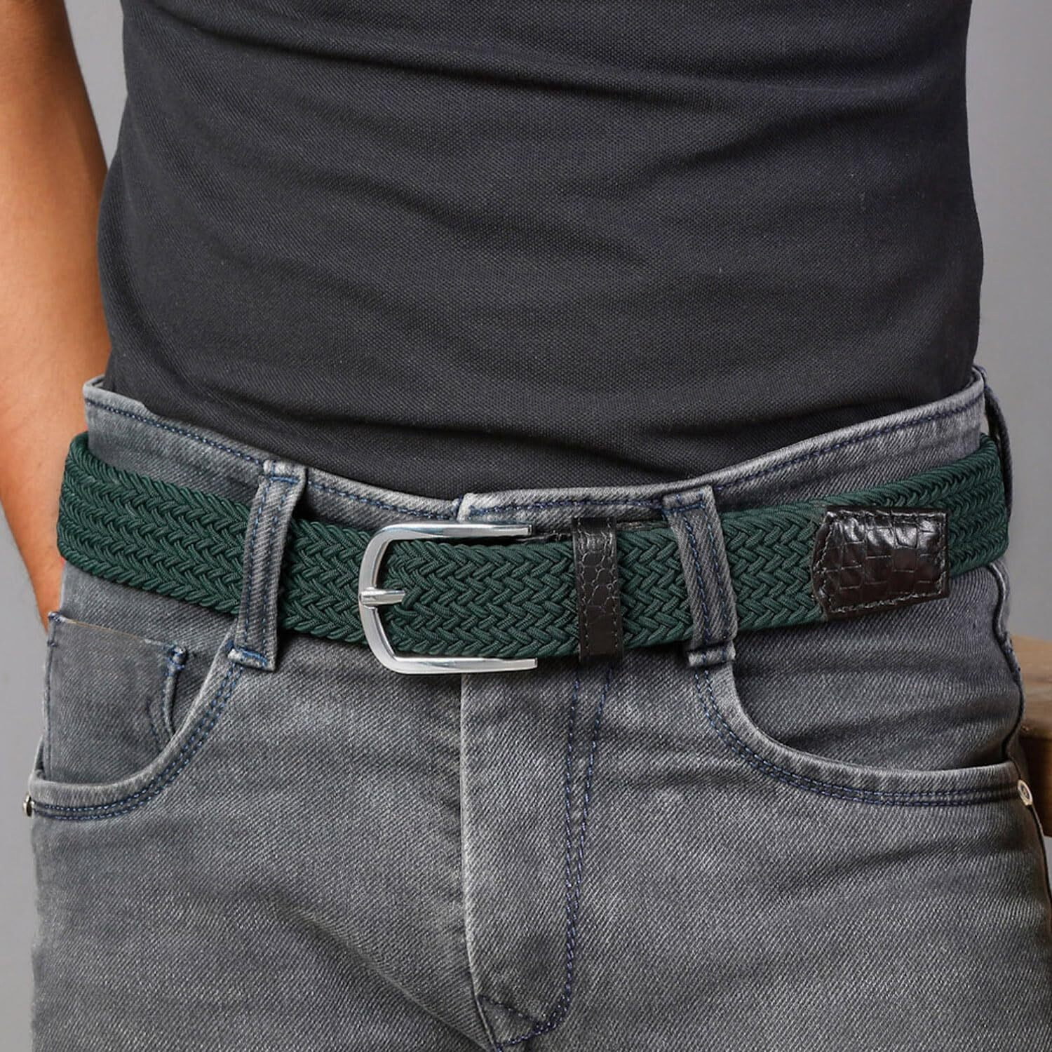 Louis Stitch Men's Sacramento Green Braided Elastic Stretch Belt With Leather Tipped End Stretchable Canvas Waist Band For Men Women Boys Girls Unisex (36-42 Inch Waist) (Be-El)