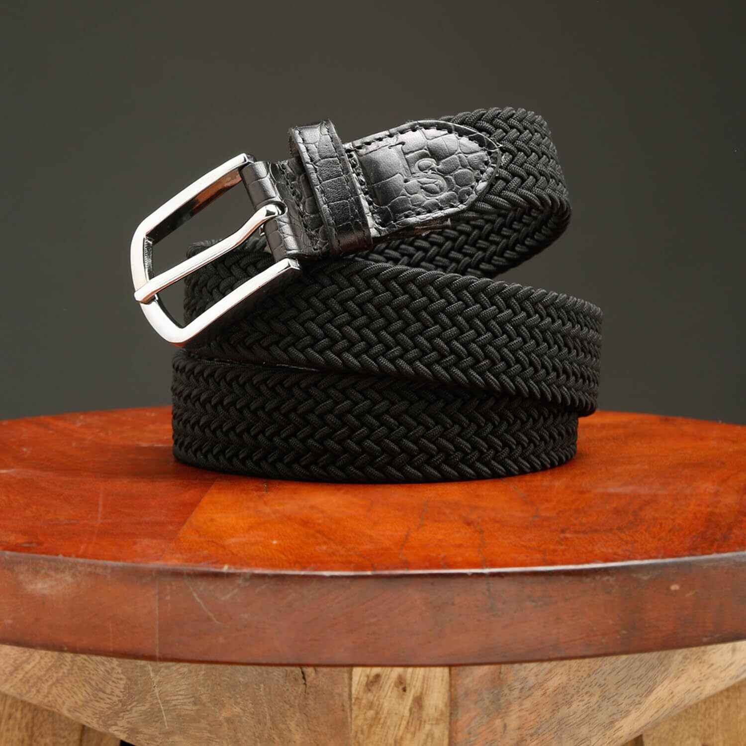Louis Stitch Men's Jet Black Braided Elastic Stretch Belt With Leather Tipped End Stretchable Canvas Waist Band For Men Women Boys Girls Unisex (36-42 Inch Waist) (Be-El)