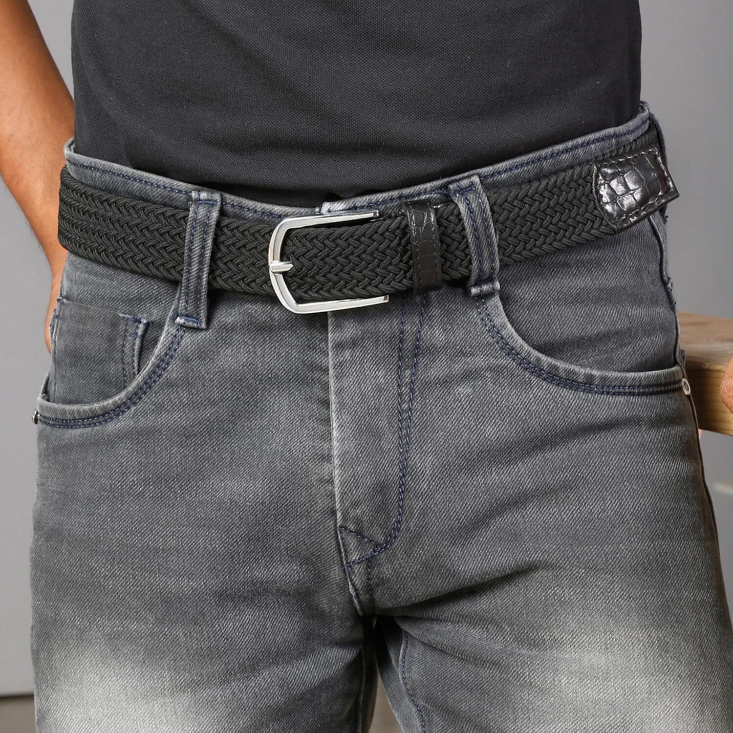 Louis Stitch Men's Jet Black Braided Elastic Stretch Belt With Leather Tipped End Stretchable Canvas Waist Band For Men Women Boys Girls Unisex (36-42 Inch Waist) (Be-El)