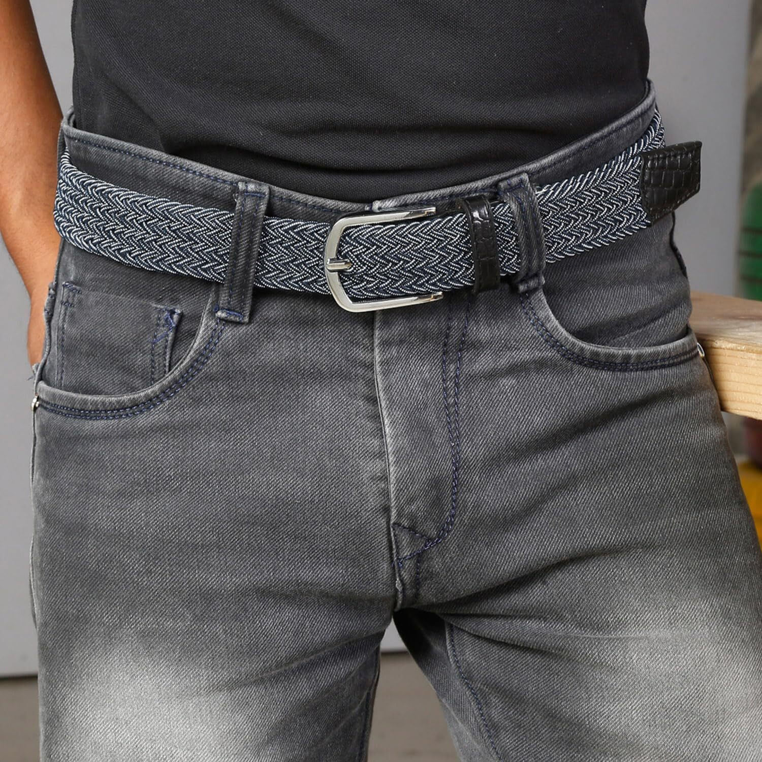 Louis Stitch Men's Denim Blue Braided Elastic Stretch Belt With Leather Tipped End Stretchable Canvas Waist Band For Men Women Boys Girls Unisex (26-34 Inch Waist) (Be-El)