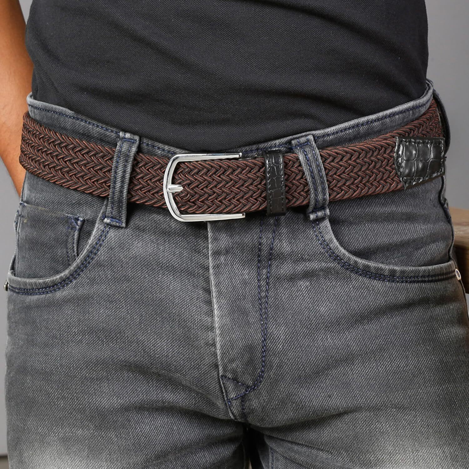 Louis Stitch Men's Brunette Brown Braided Elastic Stretch Belt With Leather Tipped End Stretchable Canvas Waist Band For Men Women Boys Girls Unisex (36-42 Inch Waist) (Be-El)