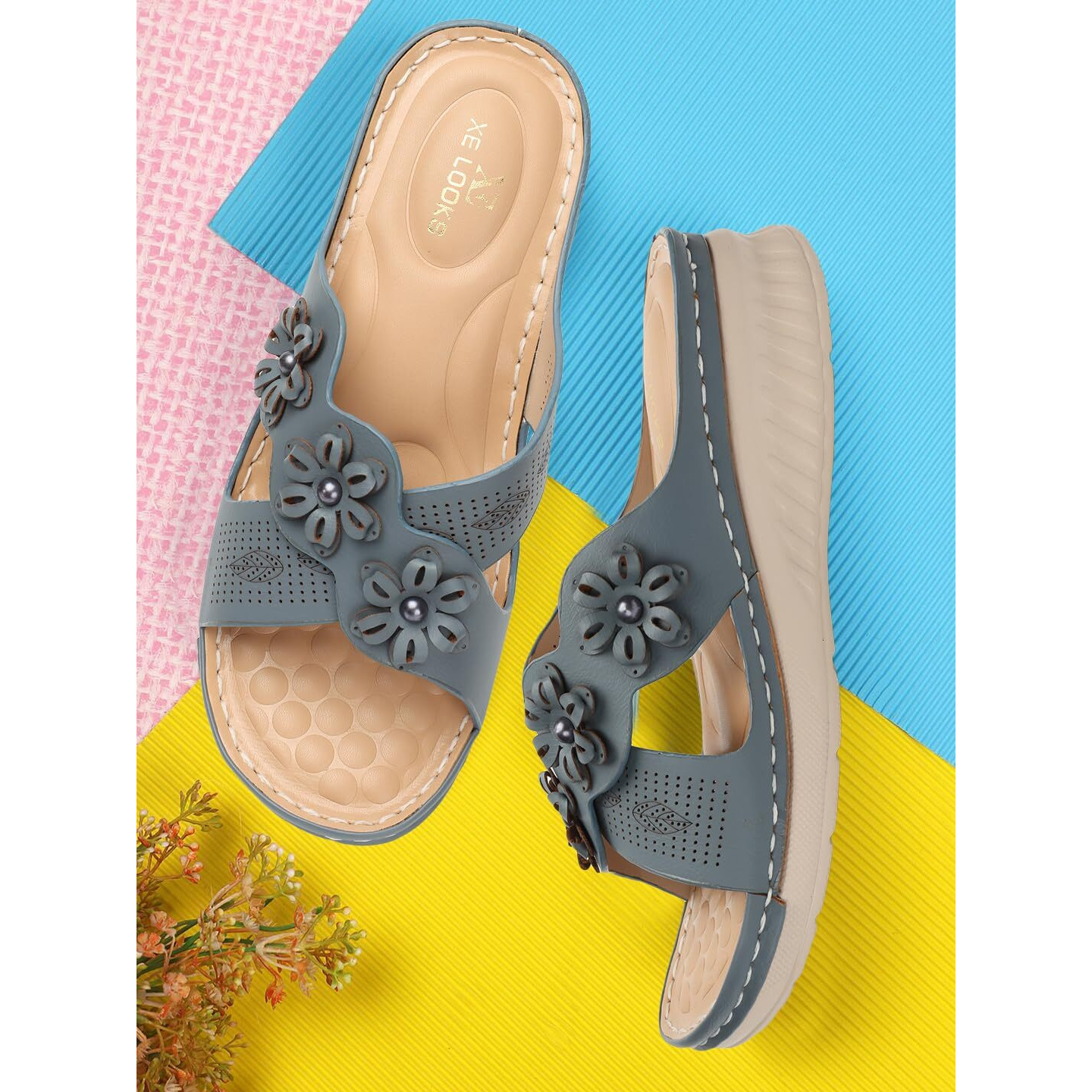 Xe Looks Women's Grey Doctor Slippers | Stylish Floral Design With Cushioned Wedge Sole | Ultimate Comfort And Arch Support Doctor Slippers For Girls & Women