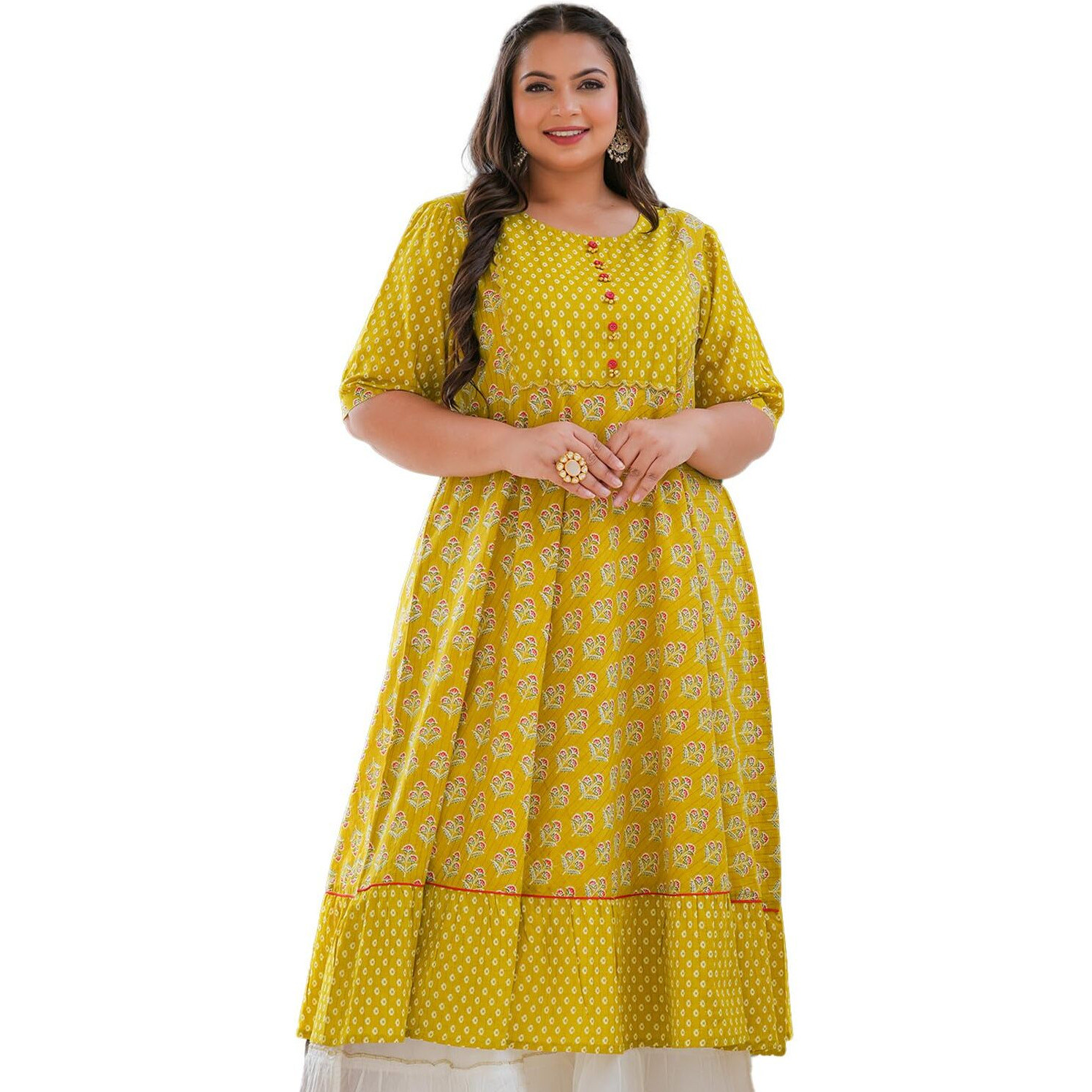 Yash Gallery Cotton Women's Plus Size Mustard Floral Printed Anarkali Kurta For Women (1485Plykmustard, Mustard, Xxl)