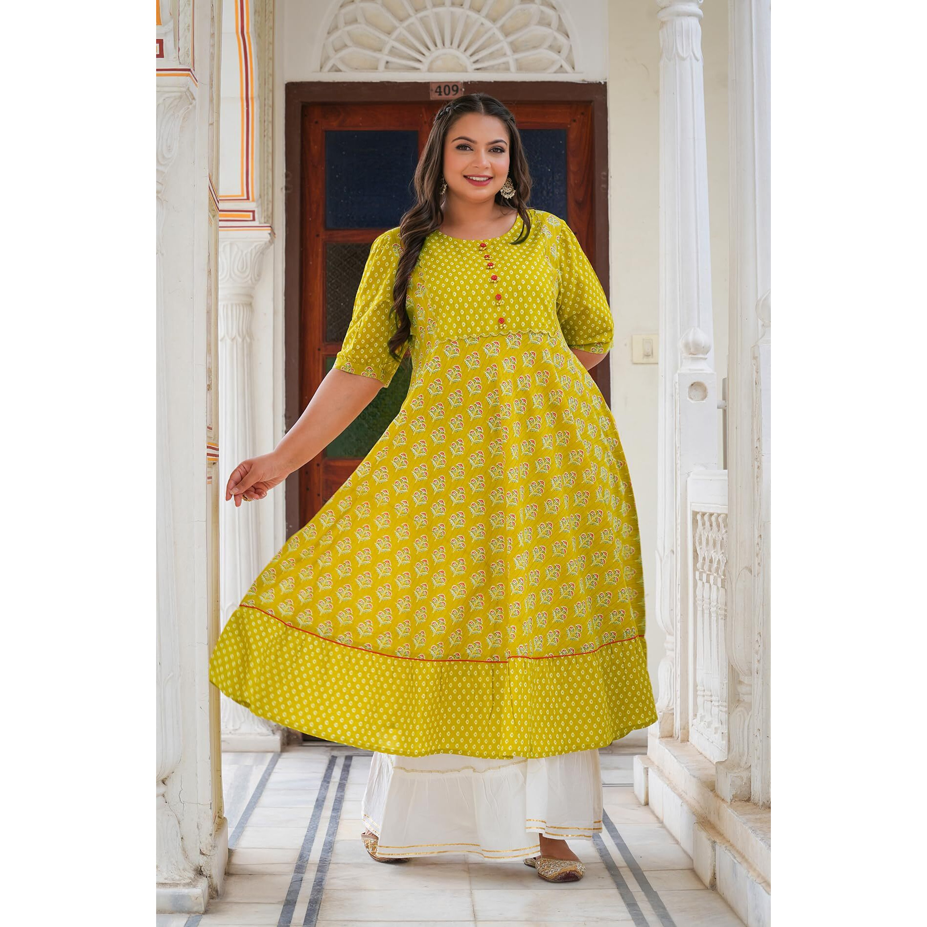 Yash Gallery Cotton Women's Plus Size Mustard Floral Printed Anarkali Kurta For Women (1485Plykmustard, Mustard, Xxl)