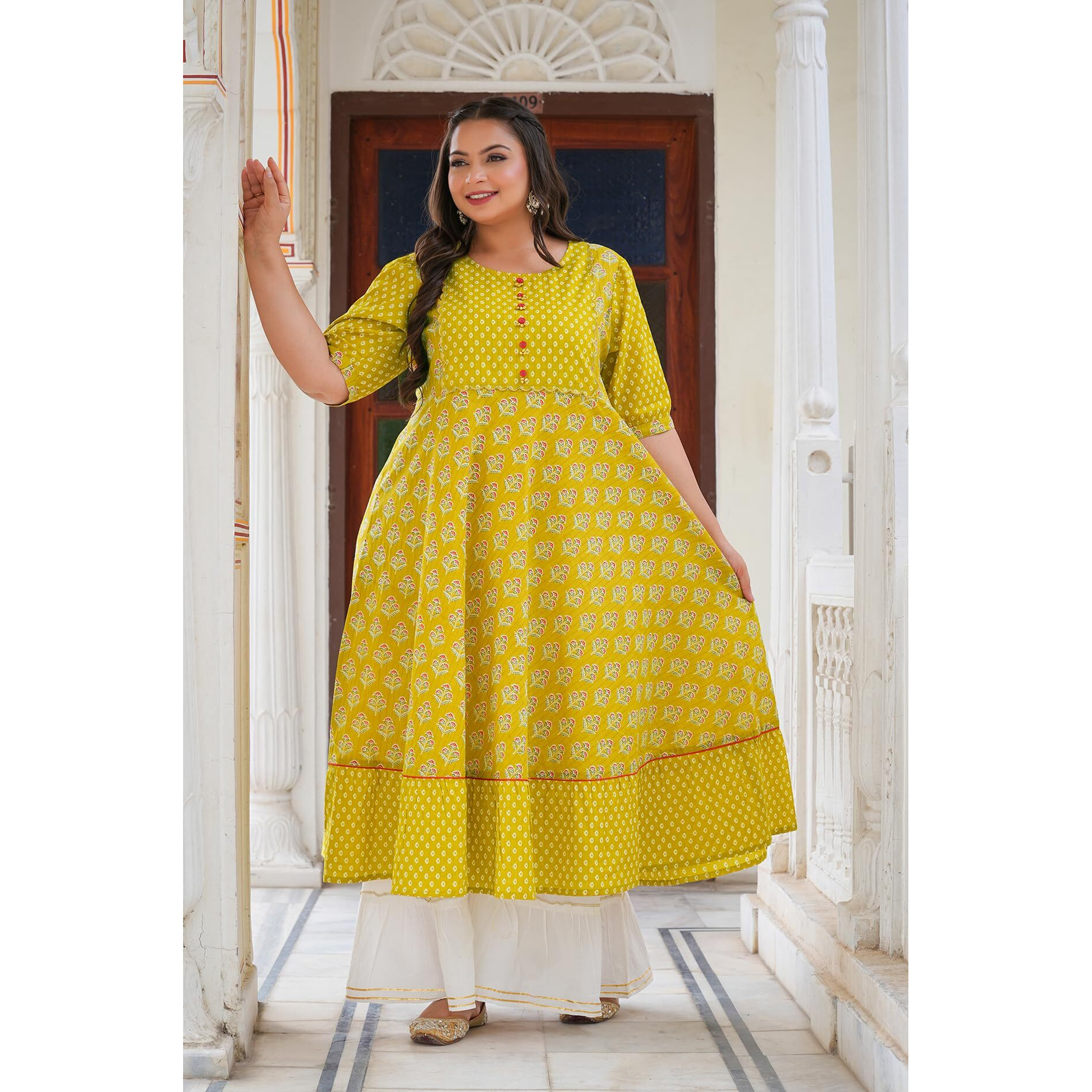 Yash Gallery Cotton Women's Plus Size Mustard Floral Printed Anarkali Kurta For Women (1485Plykmustard, Mustard, Xxl)