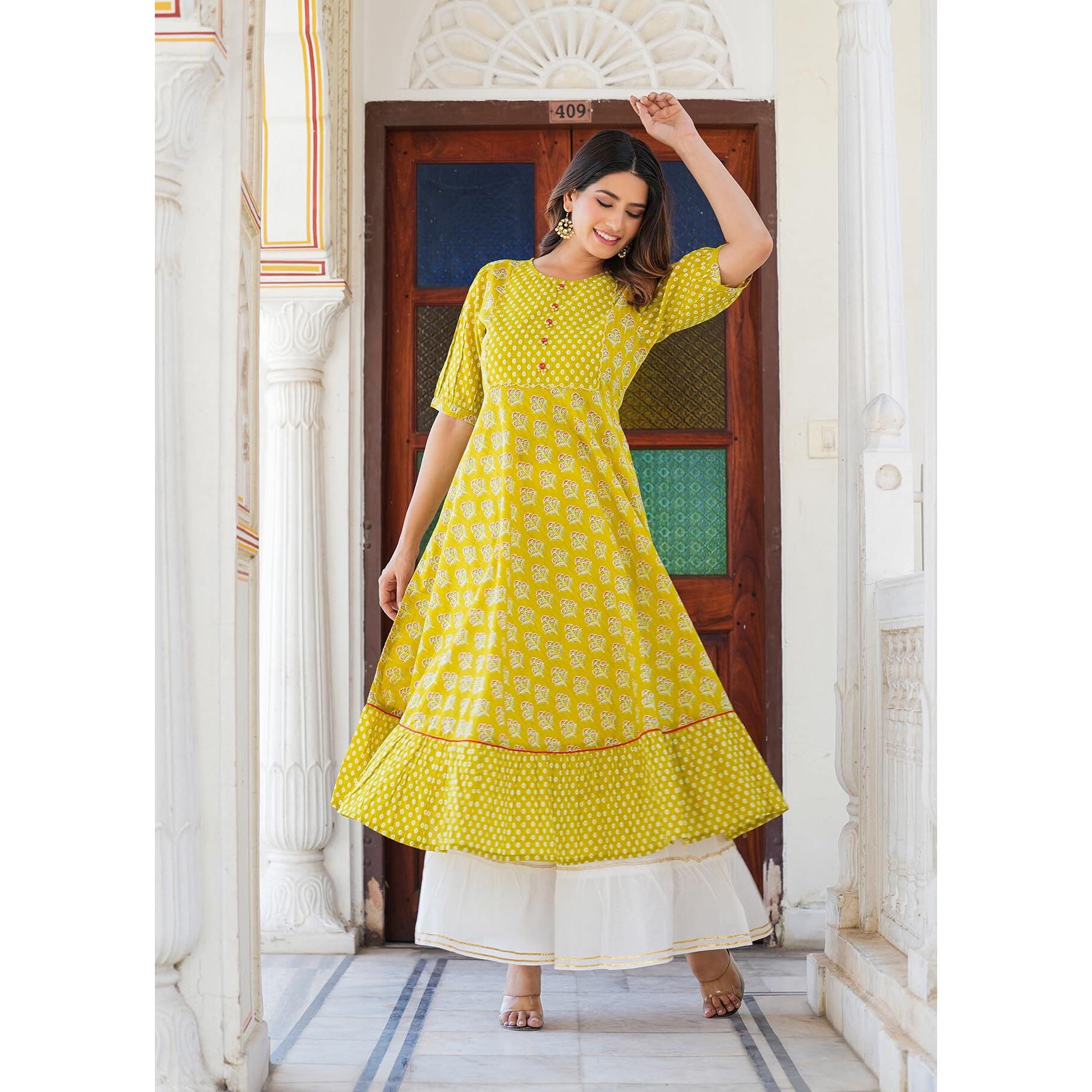 Yash Gallery Cotton Women's Mustard Floral Printed Anarkali Kurta For Women (1485Ykmustard, Mustard, Xl)