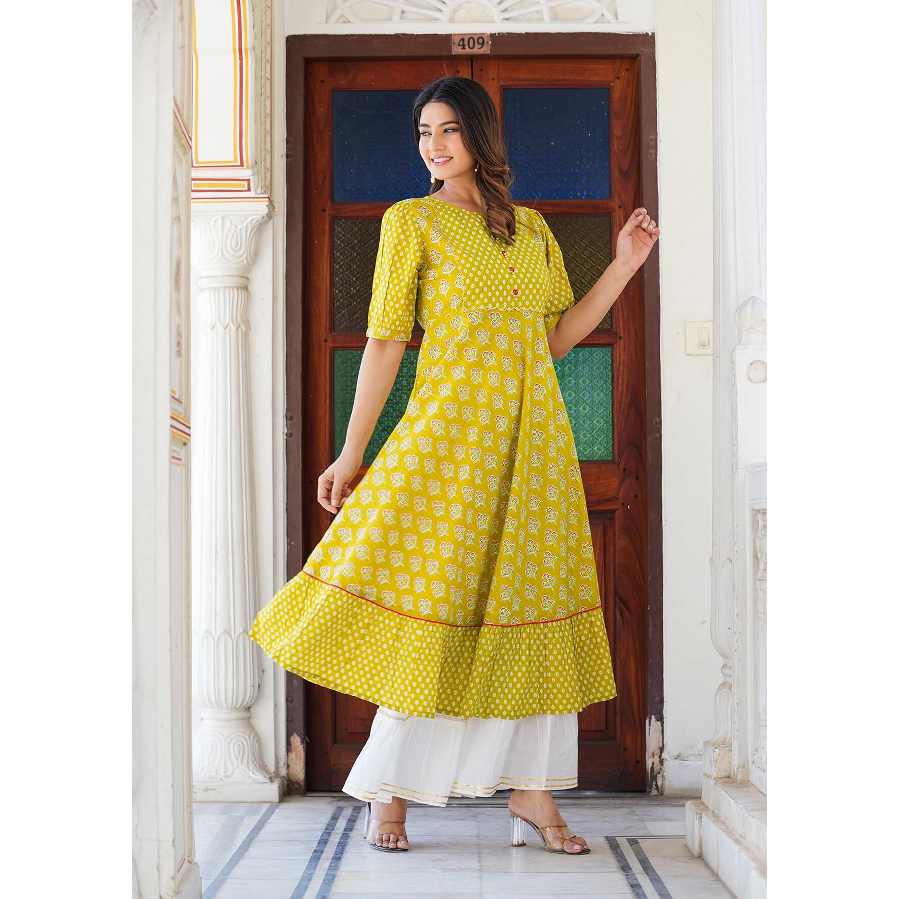Yash Gallery Cotton Women's Mustard Floral Printed Anarkali Kurta For Women (1485Ykmustard, Mustard, Xl)