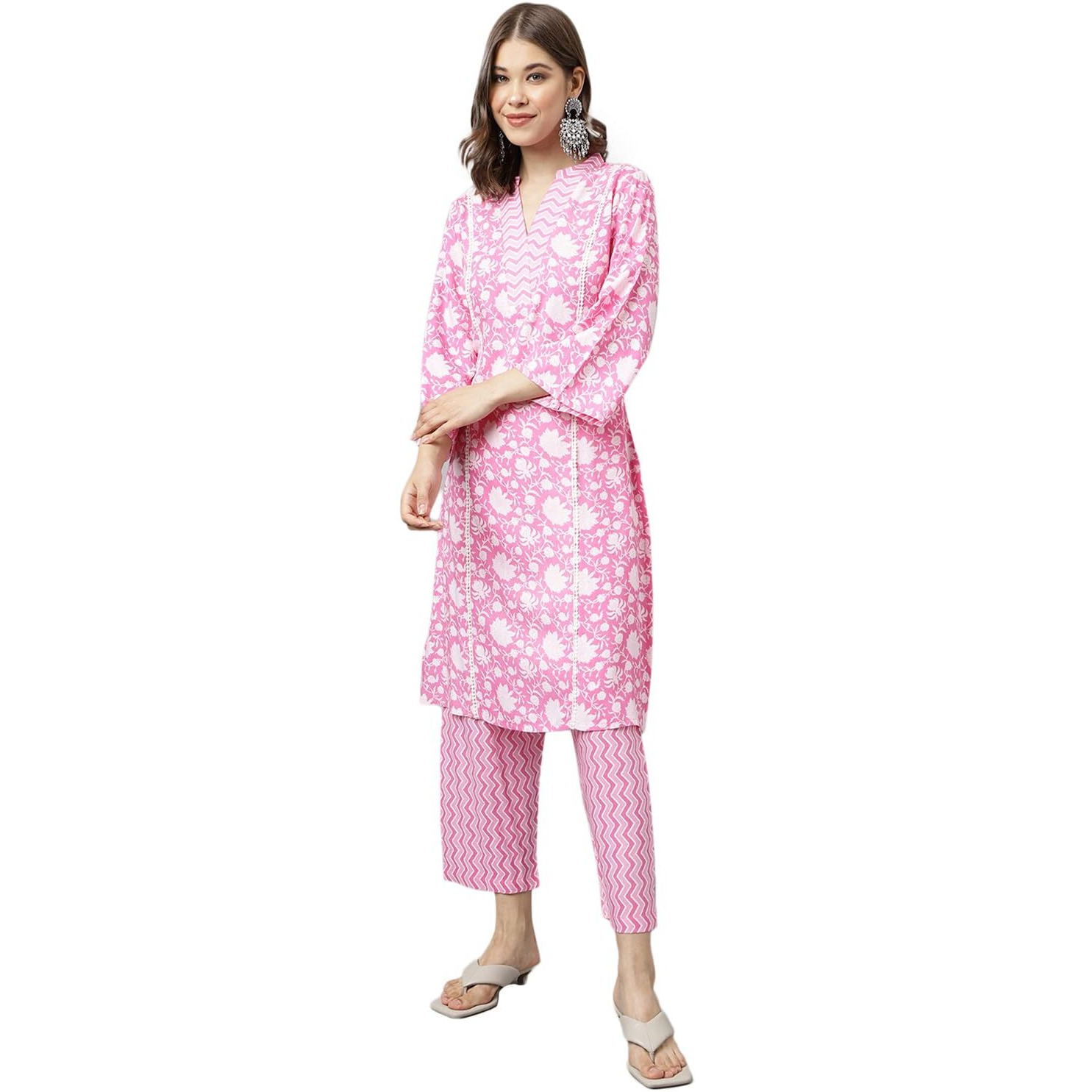 Fiorra Women's Pink Pure Cotton A-Line Kurta With Pant Set0097