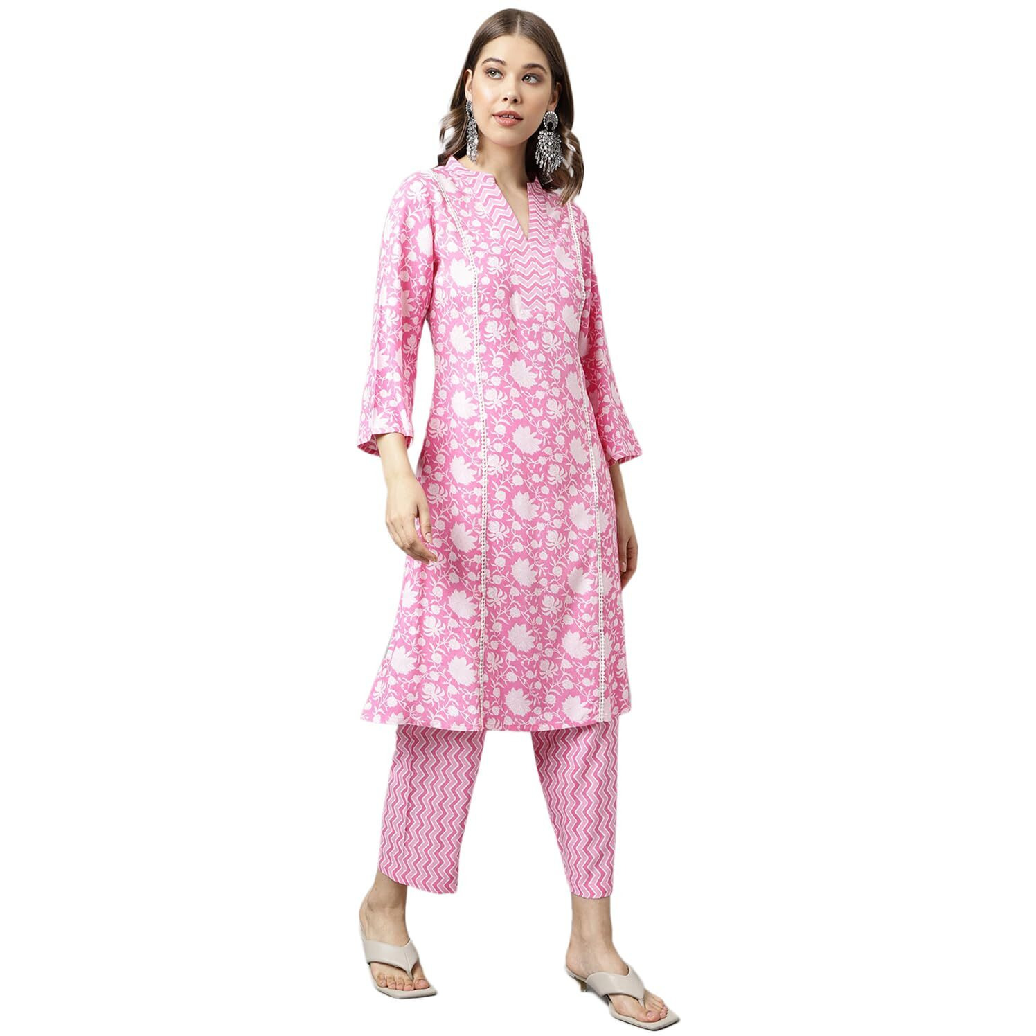 Fiorra Women's Pink Pure Cotton A-Line Kurta With Pant Set0097