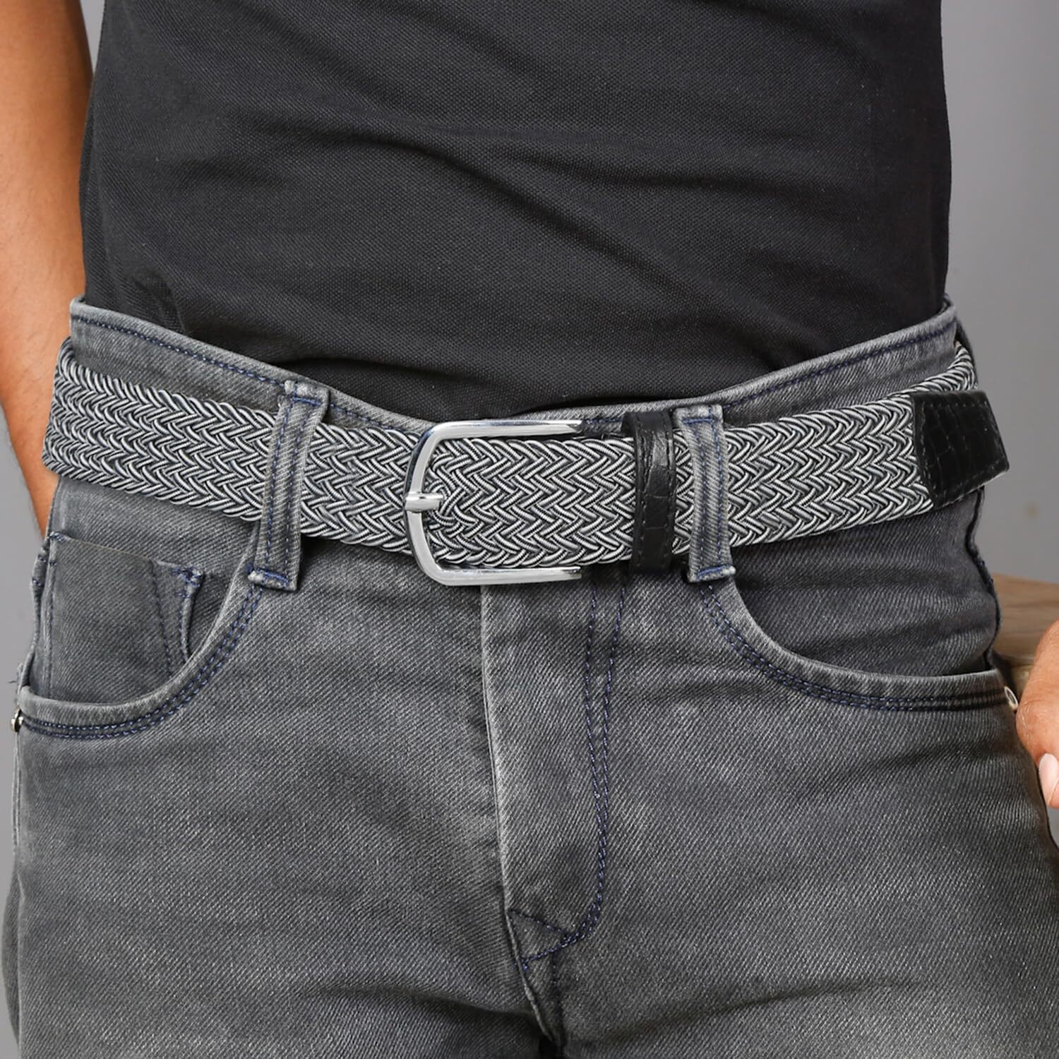 Louis Stitch Men's Black And Grey Braided Elastic Stretch Belt With Leather Tipped End Stretchable Canvas Waist Band For Men Women Boys Girls Unisex (36-42 Inch Waist) (Be-El)