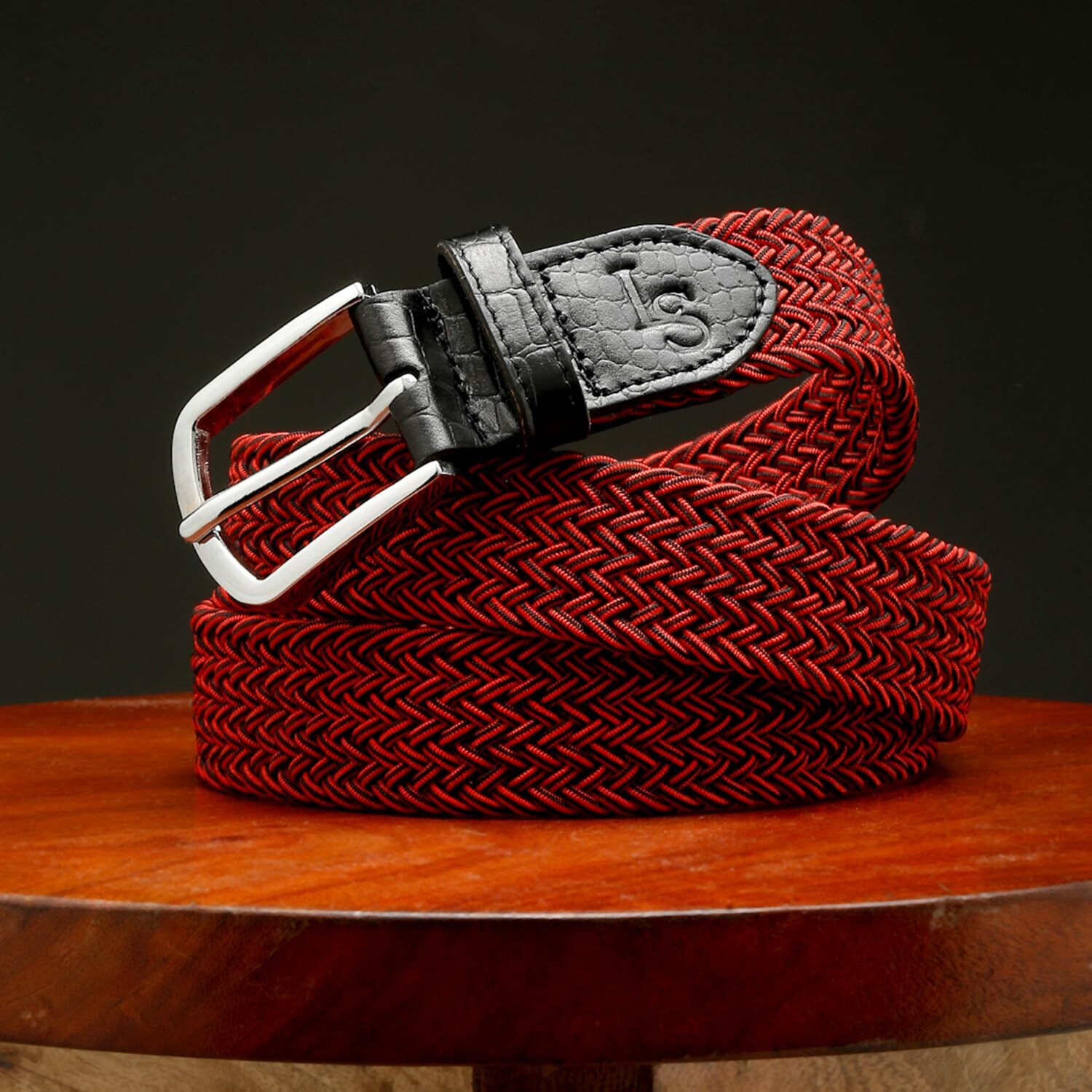 Louis Stitch Men's Black And Red Braided Elastic Stretch Belt With Leather Tipped End Stretchable Canvas Waist Band For Men Women Boys Girls Unisex (26-34 Inch Waist) (Be-El)