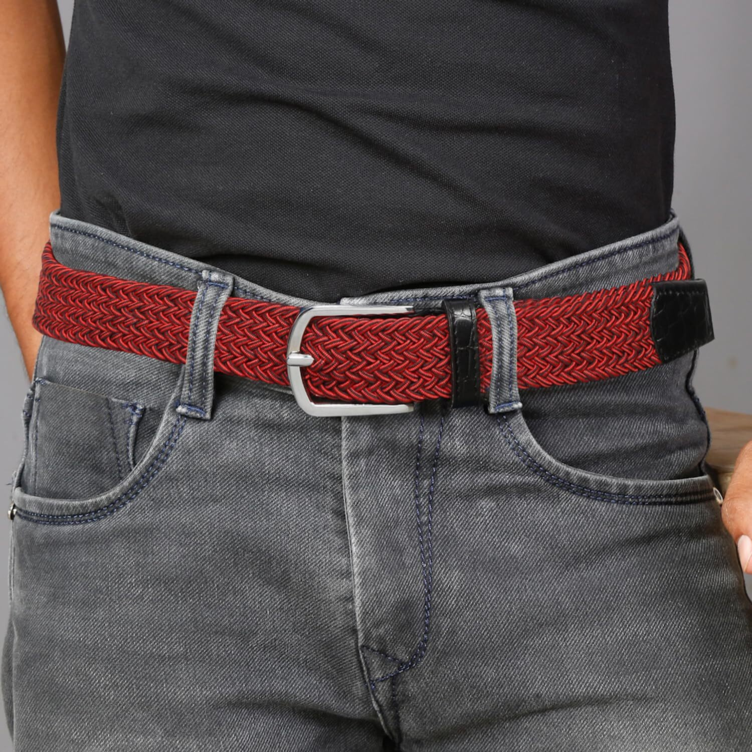 Louis Stitch Men's Black And Red Braided Elastic Stretch Belt With Leather Tipped End Stretchable Canvas Waist Band For Men Women Boys Girls Unisex (26-34 Inch Waist) (Be-El)