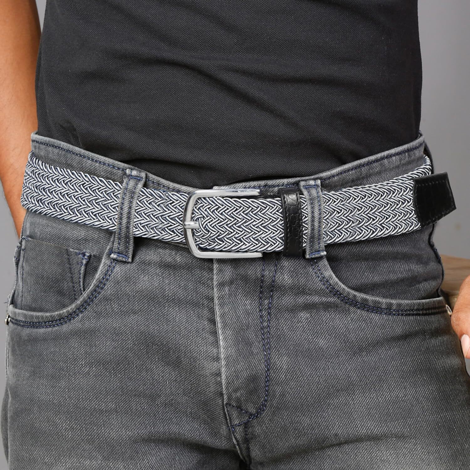 Louis Stitch Men's Black And White Braided Elastic Stretch Belt With Leather Tipped End Stretchable Canvas Waist Band For Men Women Boys Girls Unisex (26-34 Inch Waist) (Be-El)