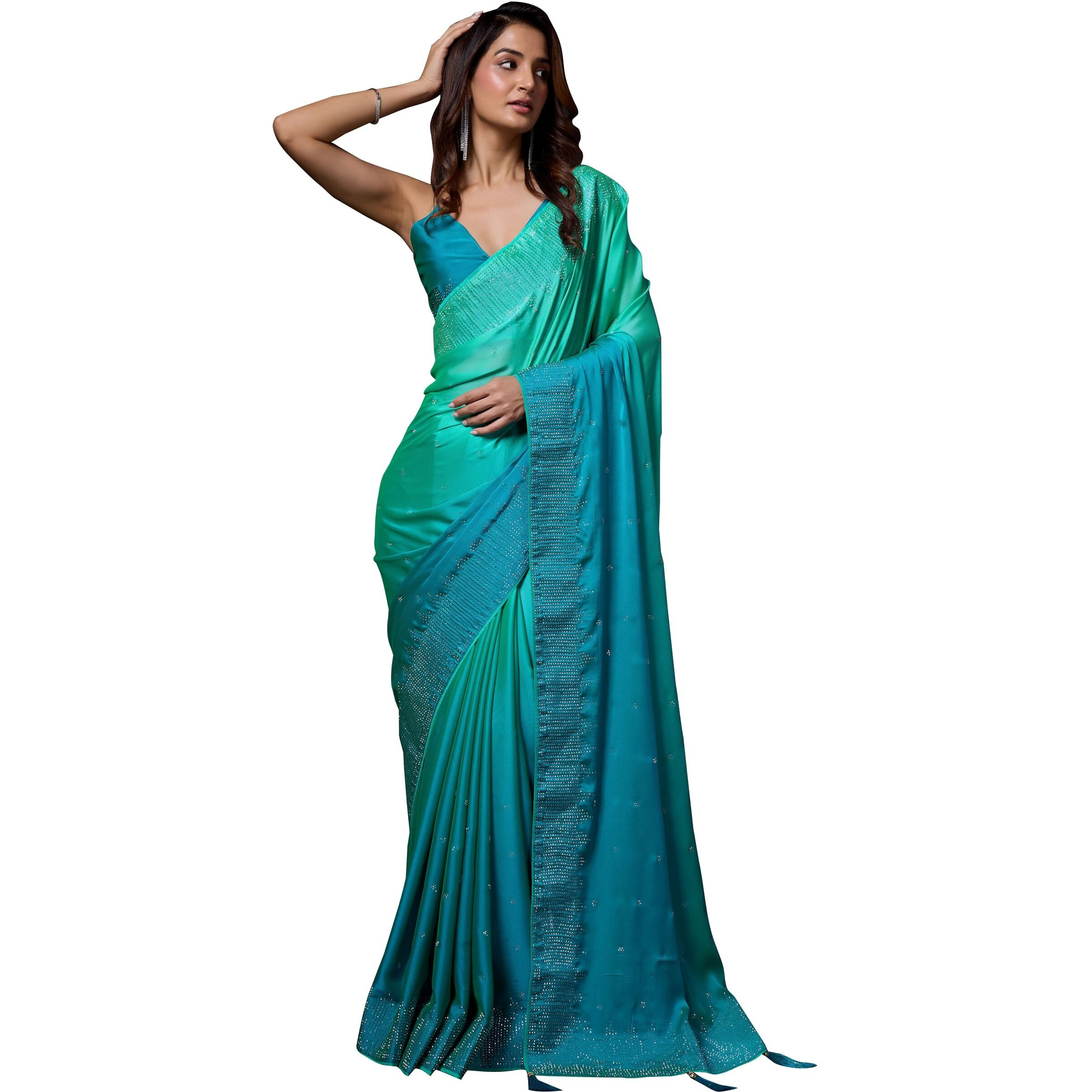 Trendmalls Women's Rangoli Silk Siroski Dual Shade Saree With Unstitch Blouse Piece (K992-Skyblue)