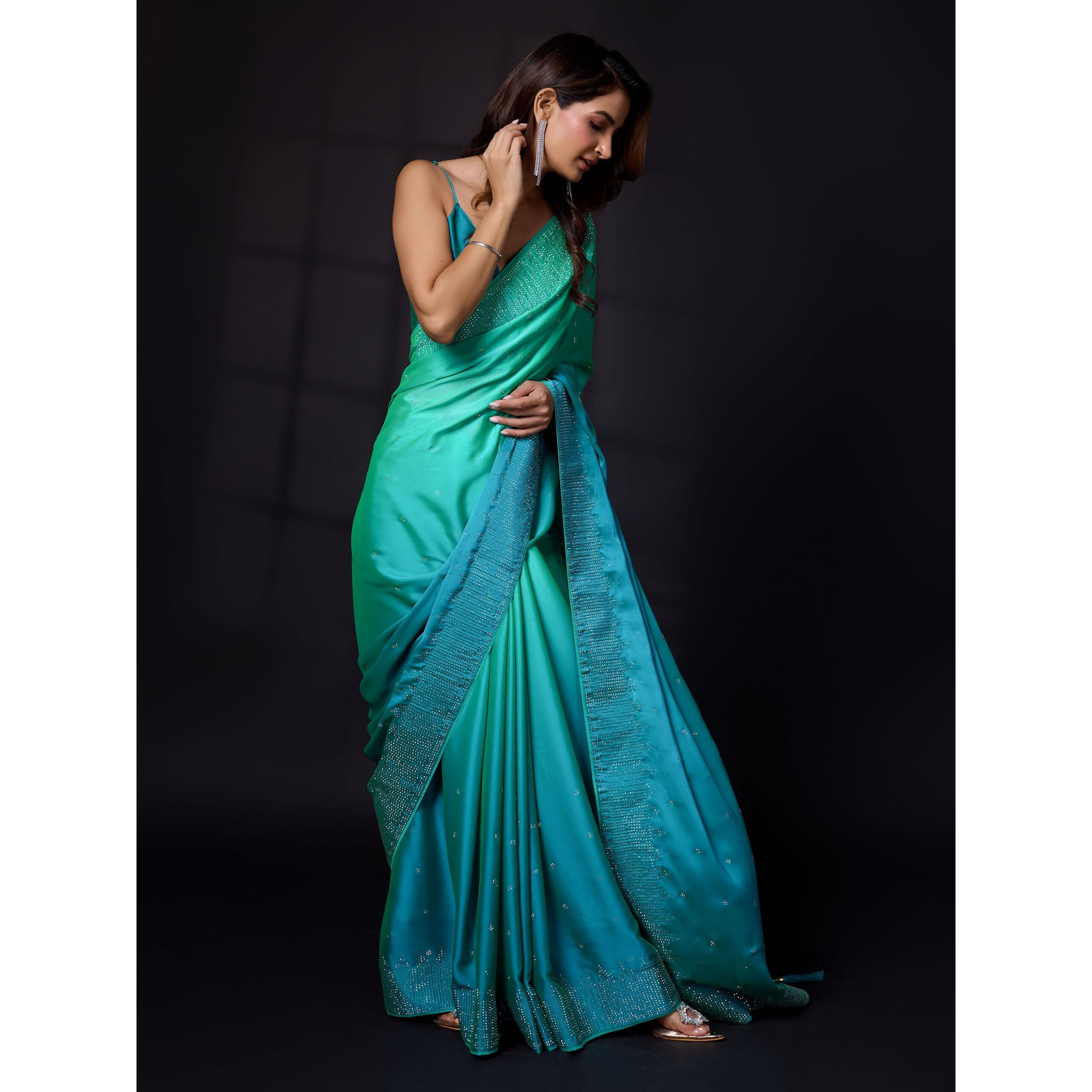 Trendmalls Women's Rangoli Silk Siroski Dual Shade Saree With Unstitch Blouse Piece (K992-Skyblue)