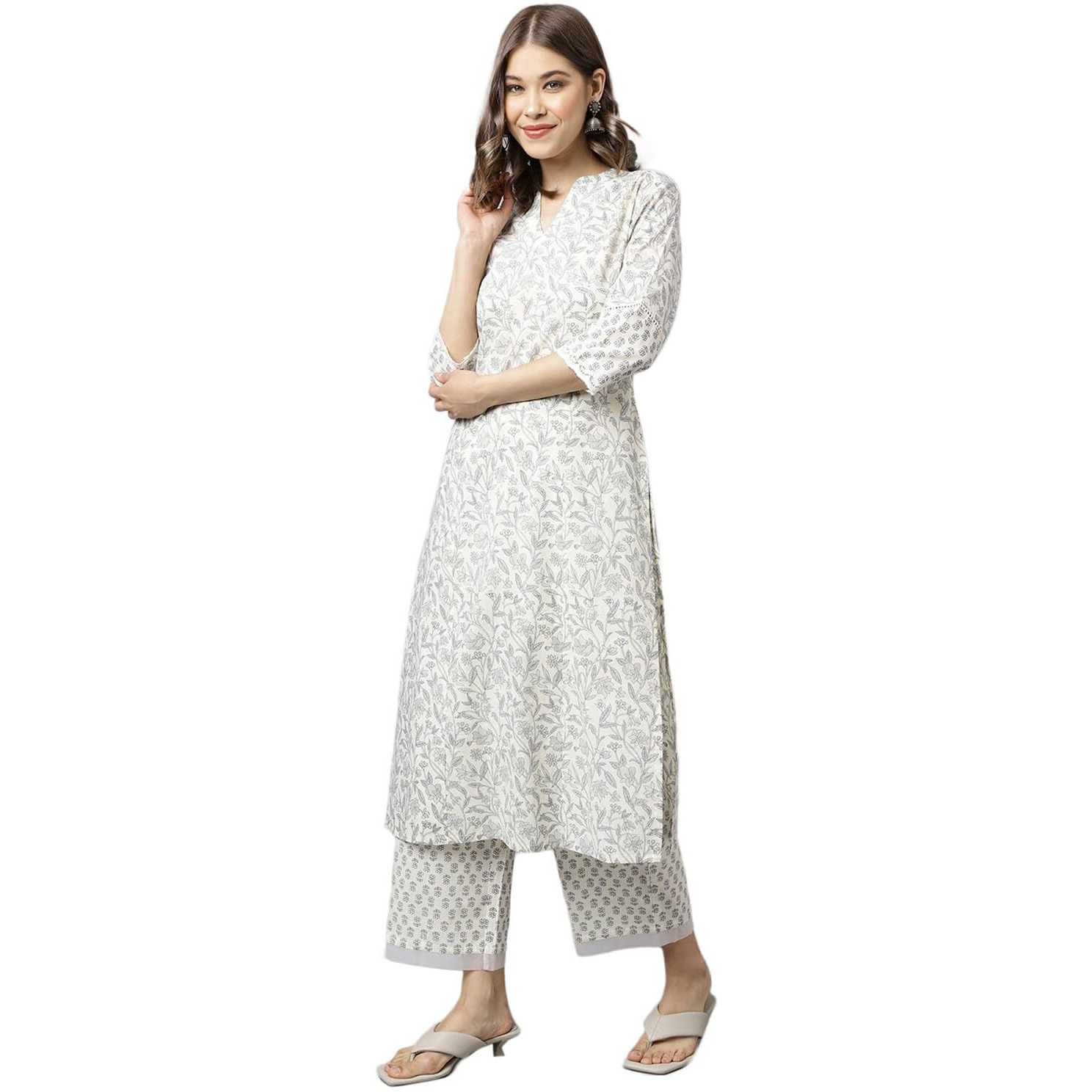 Fiorra Women's Off White Cotton A-Line Kurta With Palazzo Set0091