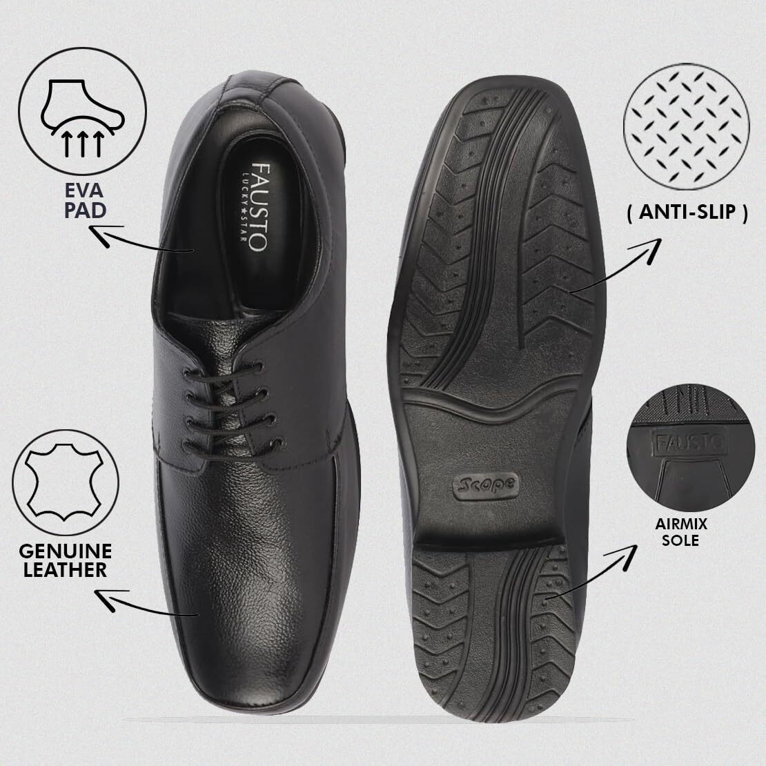 Fausto Fst Ki-906 Black-41 Men's Black Genuine Leather Formal Office Work Broad Feet Derby Lace Up Shoes With Comfort Eva Pad Insole (7 Uk)