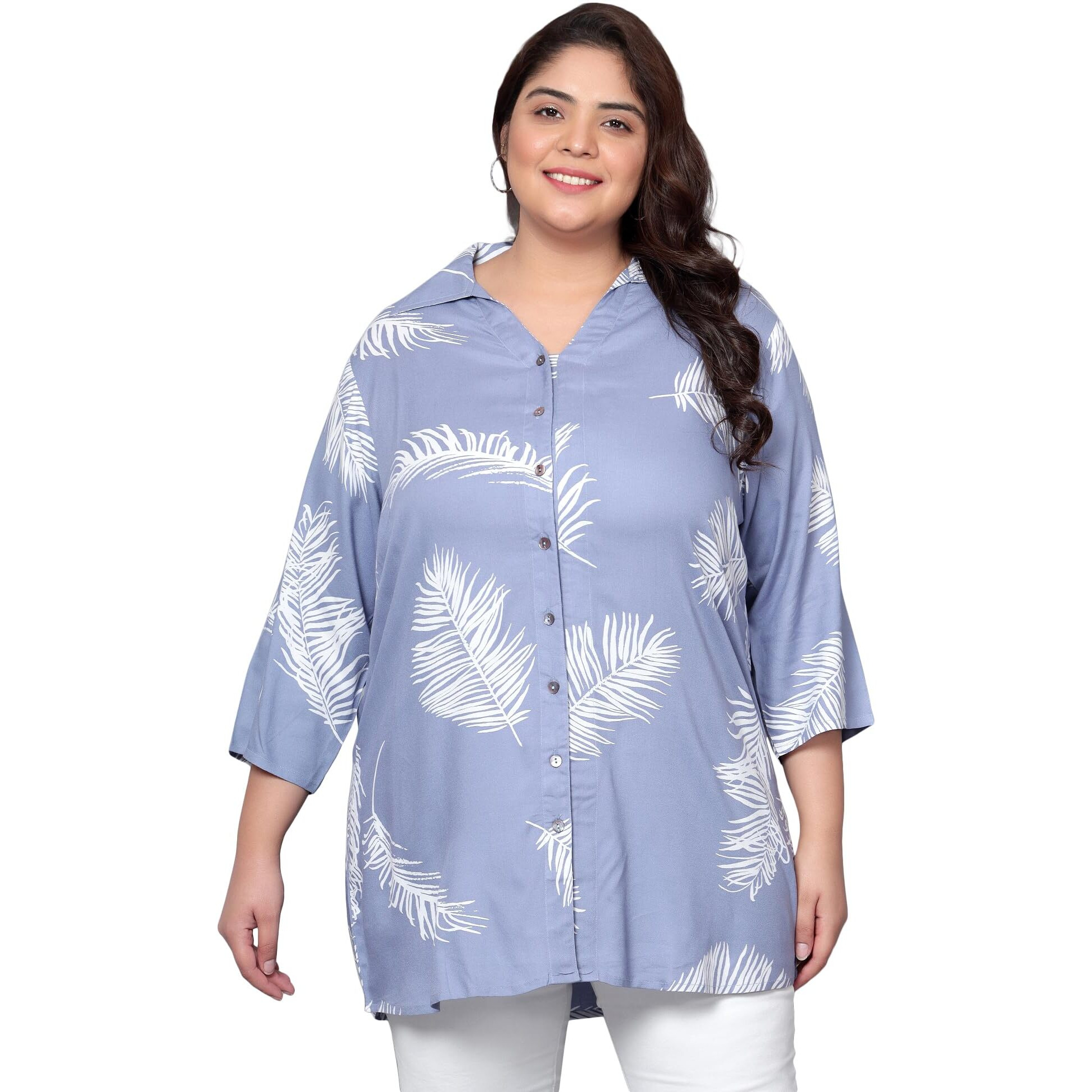 Indietoga Women's Plus Size Rayon Longline Regular Fit Shirt Tops (10001453_Blue Printed_7Xl)