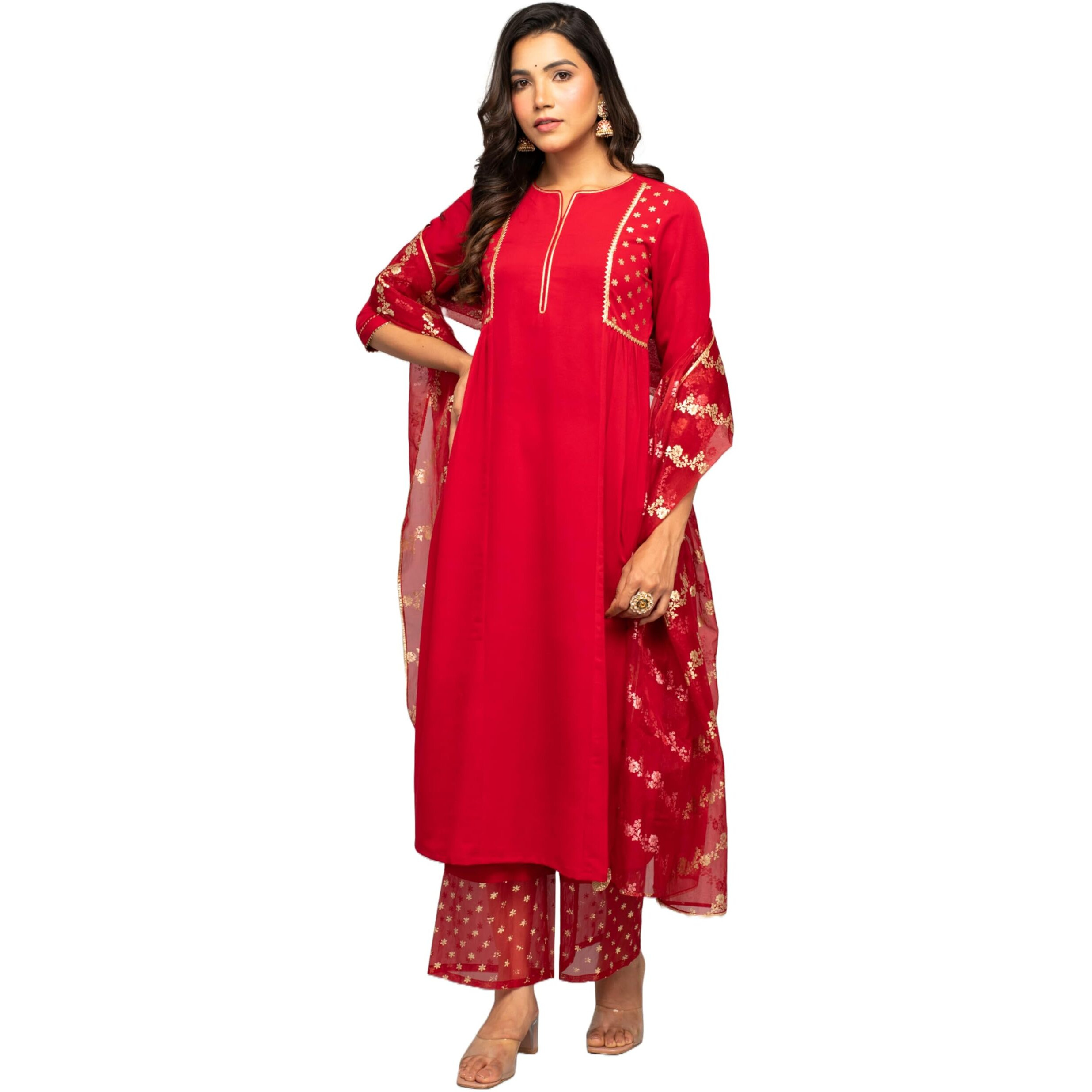 Fiorra Women's Red Crepe A-Line Kurta With Palazzo And Dupatta Set0108