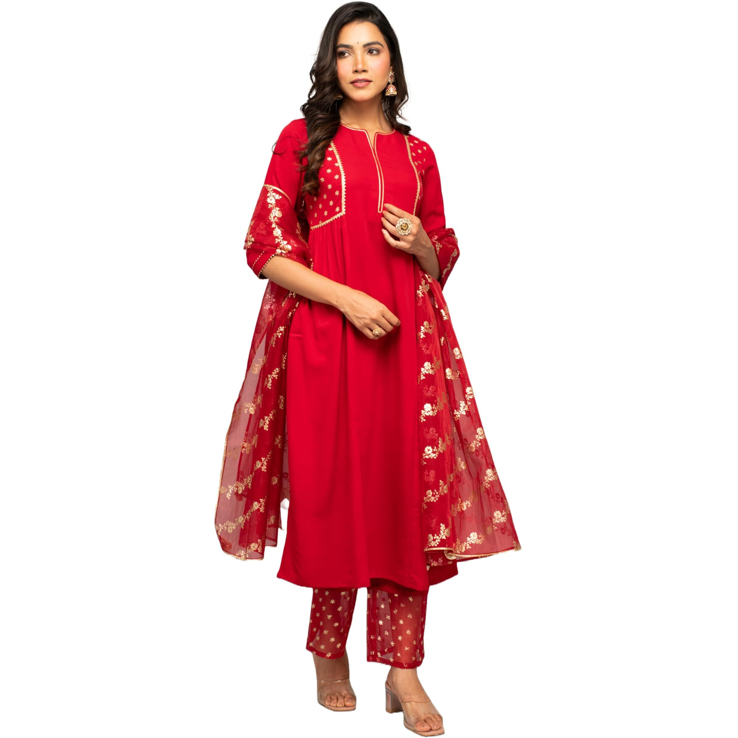 Fiorra Women's Red Crepe A-Line Kurta With Palazzo And Dupatta Set0108