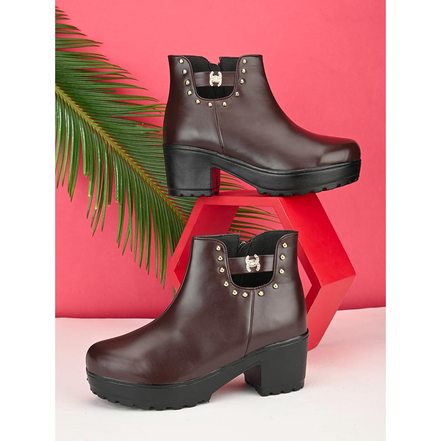 Xe Looks 100% Vegan Leather Women's Brown Chic Faux Leather Boots For Women | Zipper Detailing & Stud Accents | Stylish Chunky Heel Boots For Girls & Women