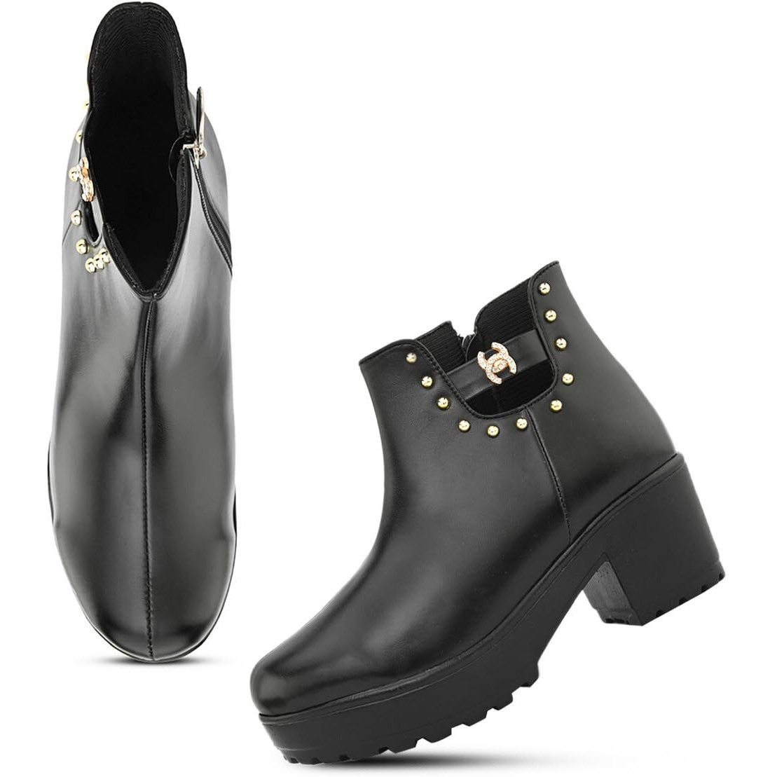 Xe Looks 100% Vegan Leather Women's Black Chic Faux Leather Boots For Women | Zipper Detailing & Stud Accents | Stylish Chunky Heel Boots For Girls & Women