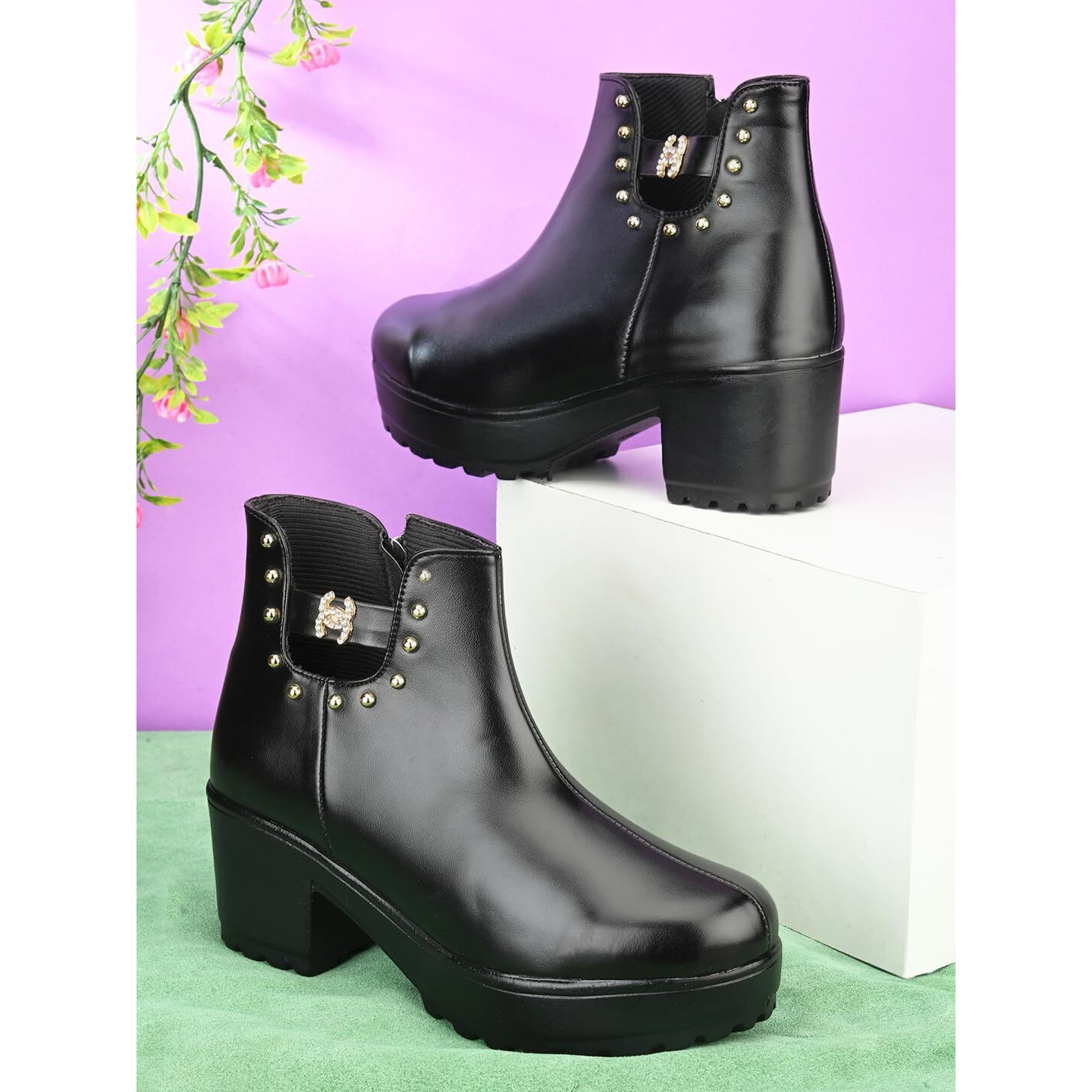 Xe Looks 100% Vegan Leather Women's Black Chic Faux Leather Boots For Women | Zipper Detailing & Stud Accents | Stylish Chunky Heel Boots For Girls & Women
