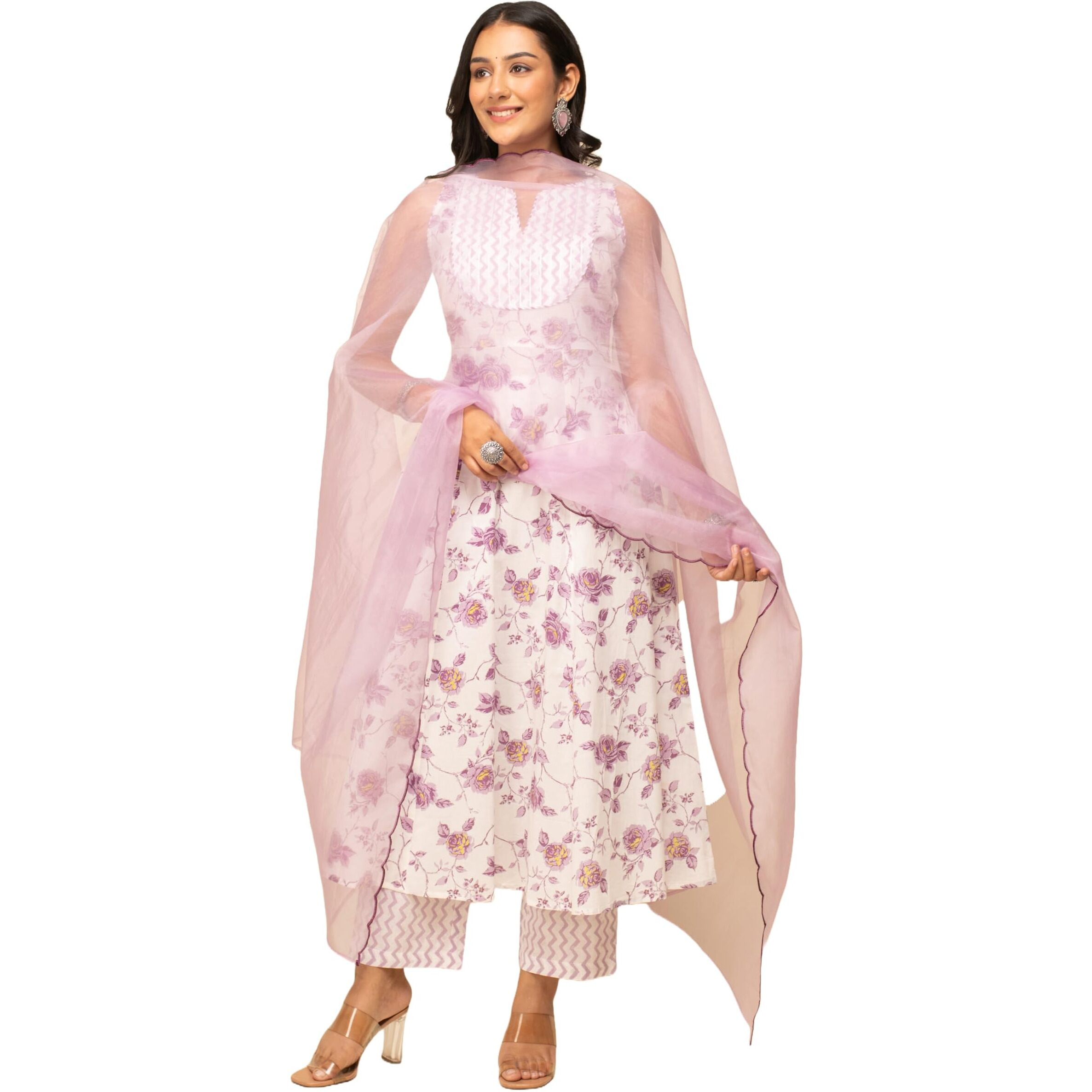 Fiorra Women's White Cotton A-Line Kurta With Pant And Dupatta Set0128