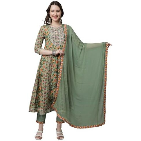 Rajnandini Women's Pure Cotton Embroidered Kurta Set With Dupatta (Joplvl310-6Xl_Pista Green_6Xl)