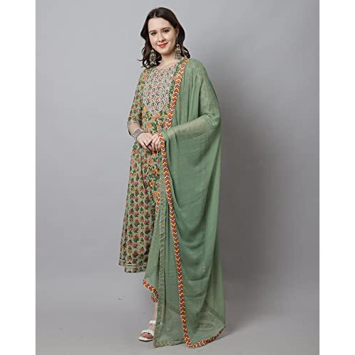 Rajnandini Women's Pure Cotton Embroidered Kurta Set With Dupatta (Joplvl310-6Xl_Pista Green_6Xl)