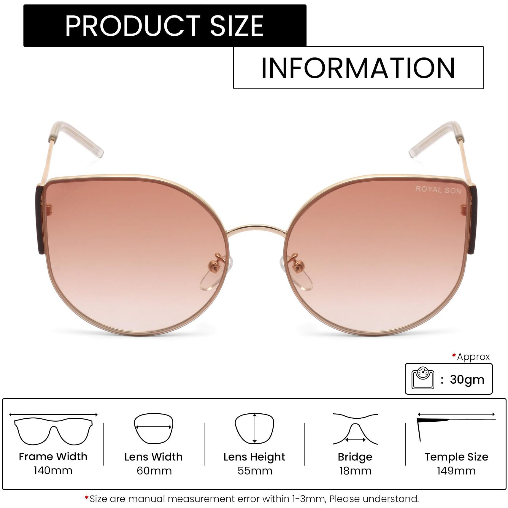 Royal Son Latest Stylish Round Cat Eye Oval Goggles Non Polarization Sunglasses For Women Girls Ladies (Brown Gradiant Lens) (Large)