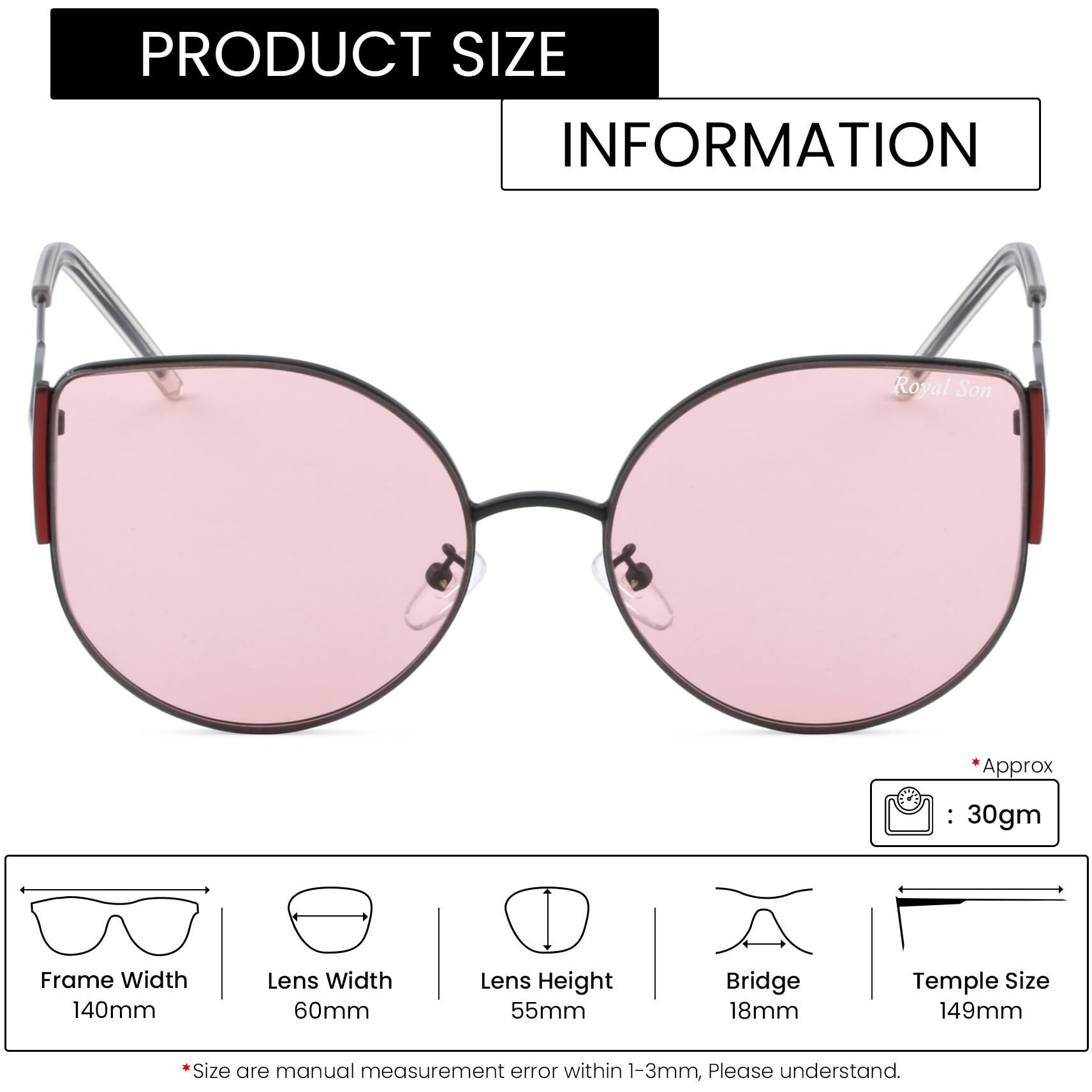 Royal Son Latest Stylish Cat Eye Oval Goggles Sunglasses For Women Girls Ladies (Pink Lens)