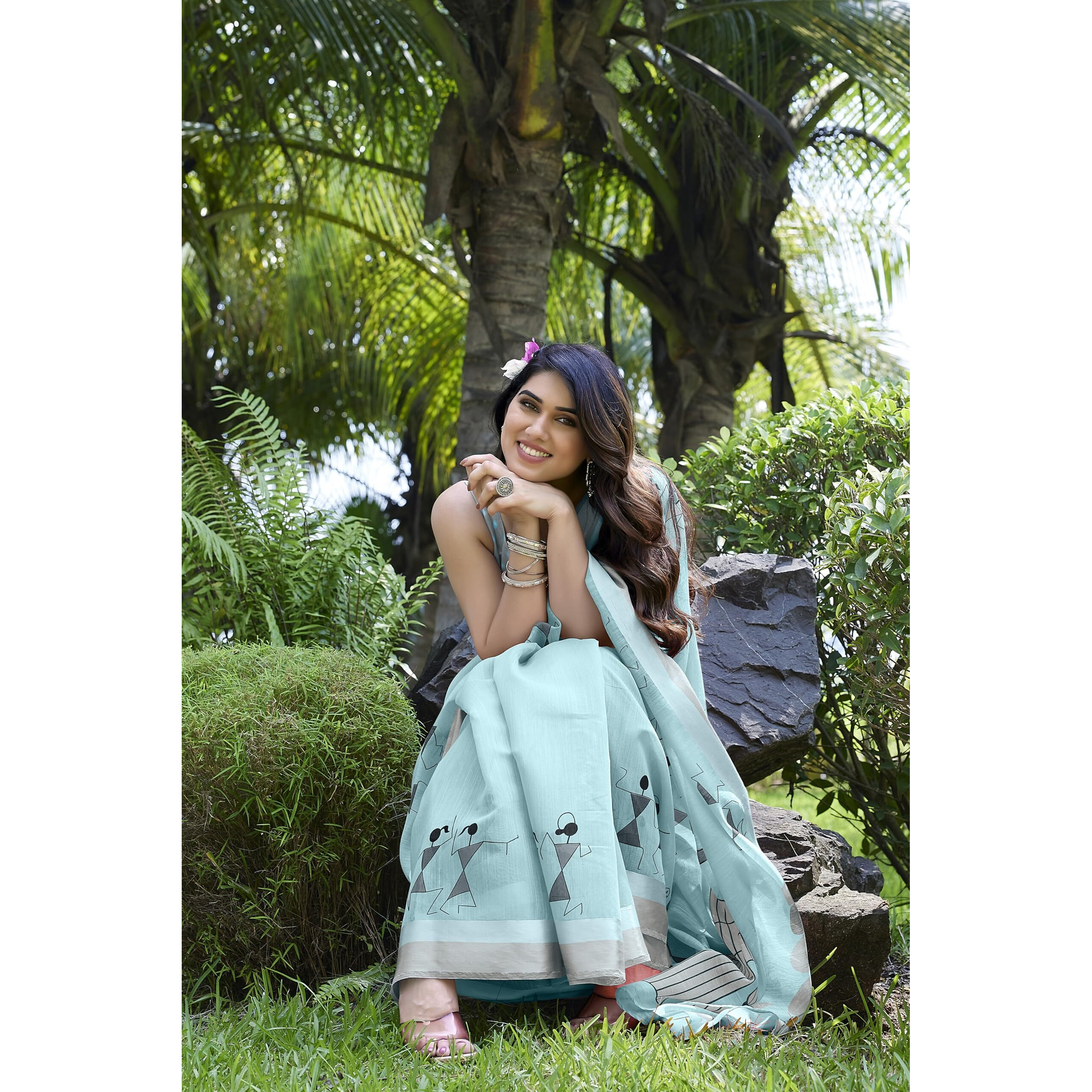 Mirchi Fashion Women's Cotton Blend Tribal Art Warli Printed Designer Saree With Blouse Piece (Sky Blue)