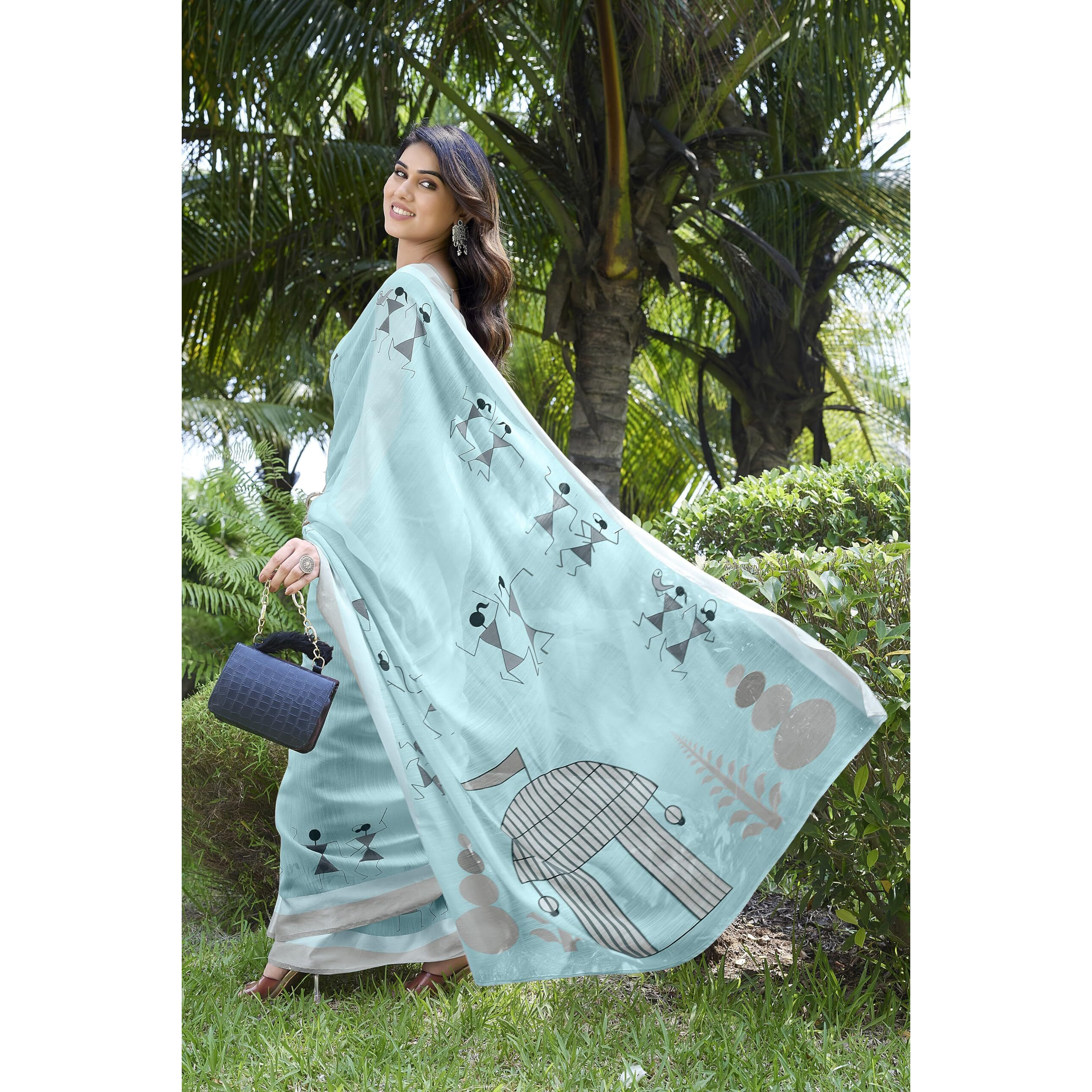 Mirchi Fashion Women's Cotton Blend Tribal Art Warli Printed Designer Saree With Blouse Piece (Sky Blue)