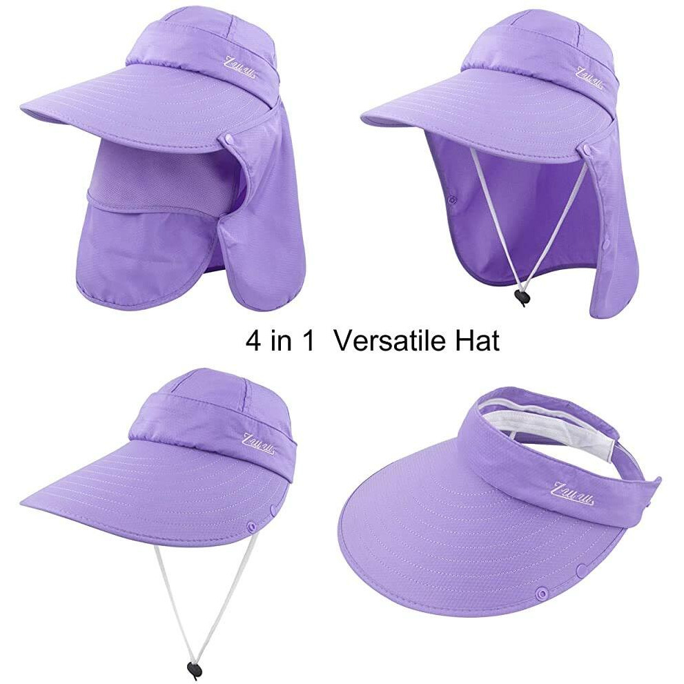 Gustave Women Sun Wide Brim Uv Protection Fishing Hat Foldable Ponytail Summer Hats With Detachable Flaps (Purple)