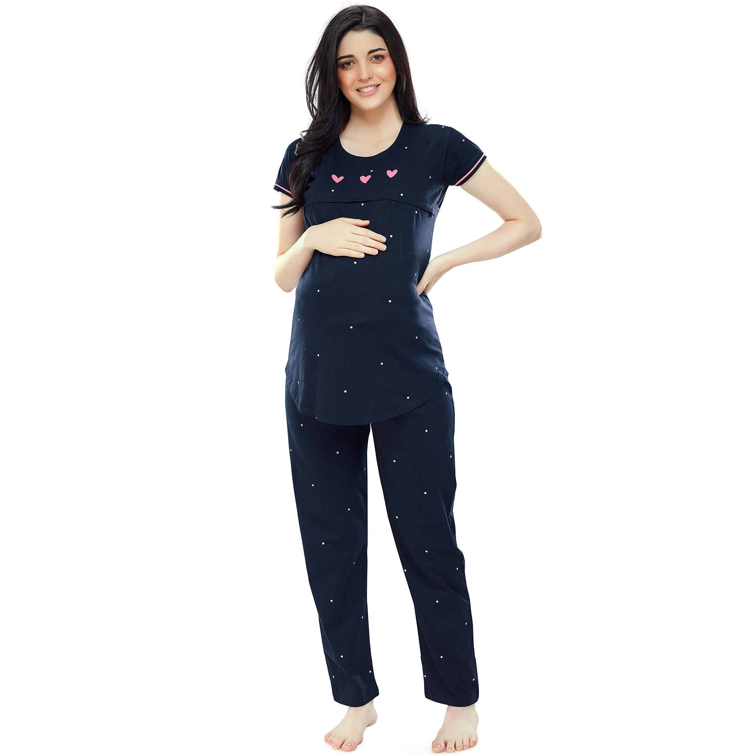 Zeyo Women's Cotton Dot Printed Navy Blue Maternity & Feeding Night Suit Set Of Pajama Set, 2Xl