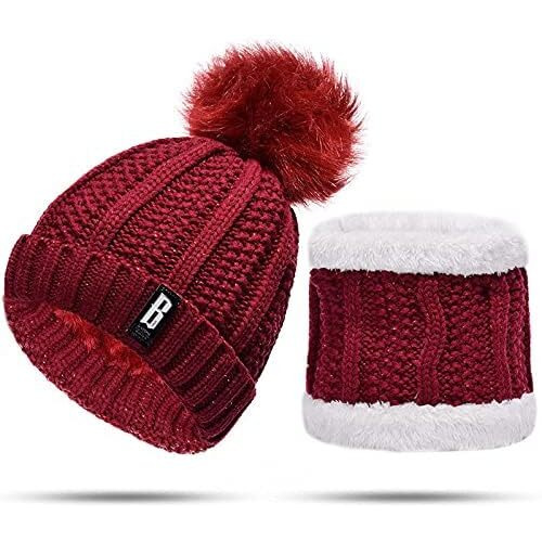 Handcuffs Womens Beanie Scarf Set Pompom Winter Beanies Neck Muffler Neckwarmer (Maroon)