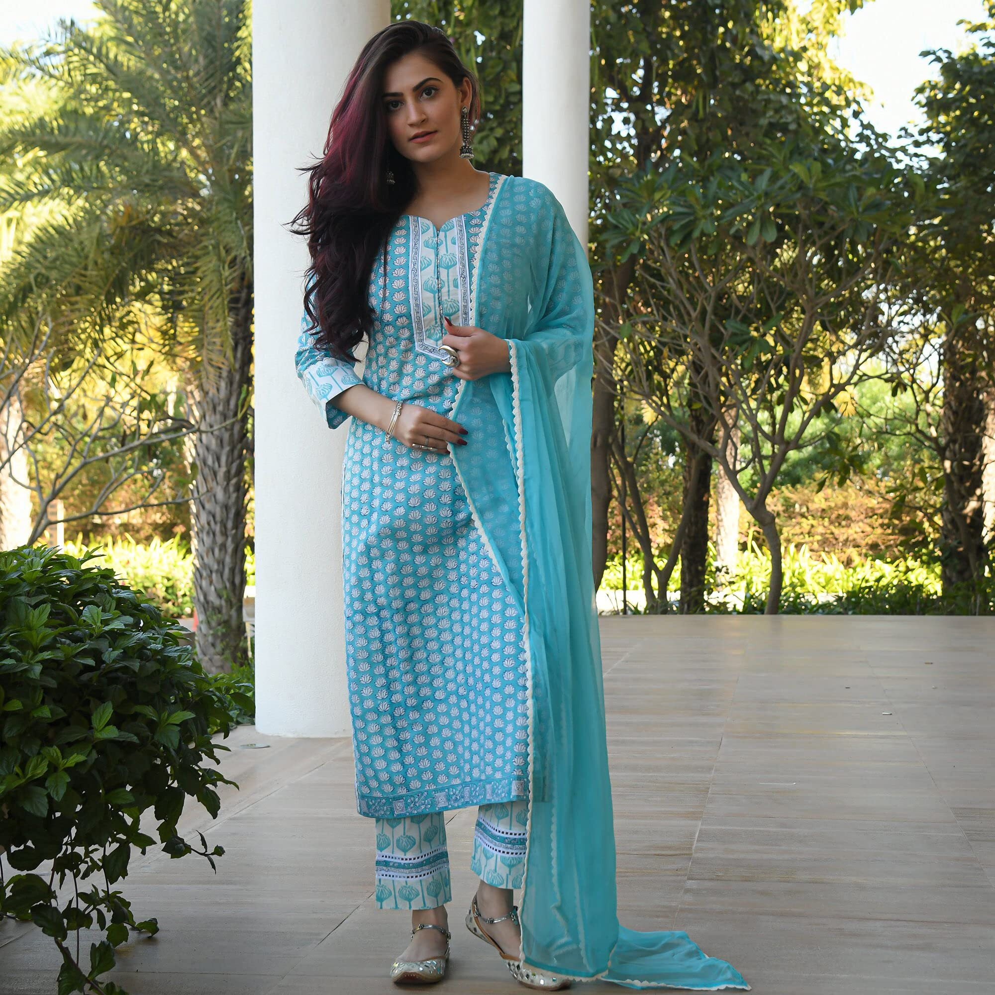 Arayna Women's Cotton Printed Straight Kurti Palazzo Pants Set With Dupatta (Medium) Blue