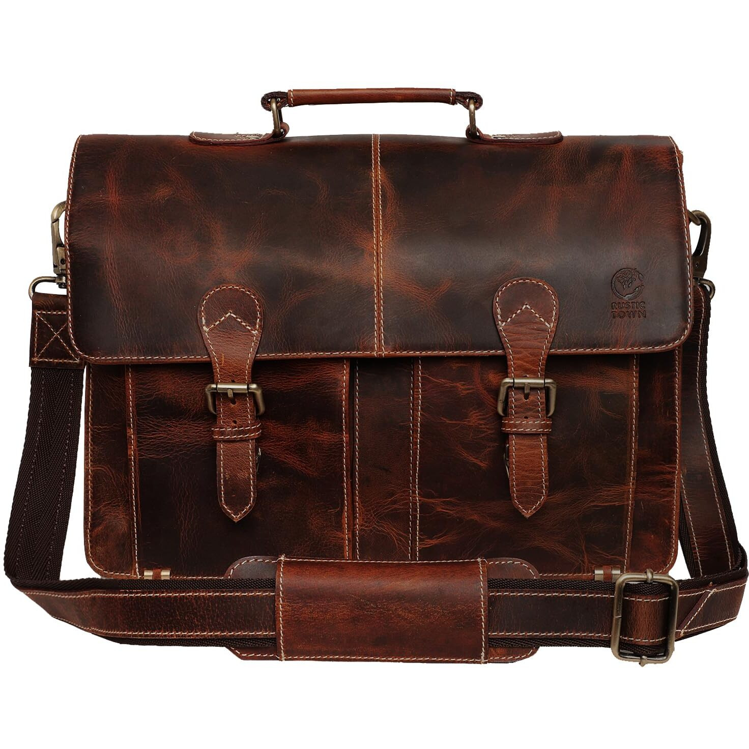 Rustic Town Leather Laptop Bag For Men - 16" Messenger Crossbody Briefcase Bag - Ideal For Office, College, & Travel - Durable Shoulder Bag - Gift For Men