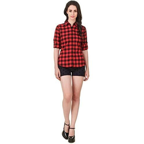 Vastraa Fusion Women's Cotton Checkered Shirt (Ts0931-S_Red-Black_S)