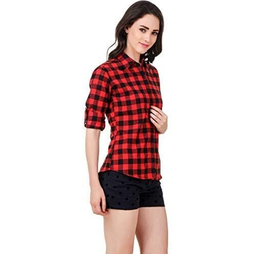Vastraa Fusion Women's Cotton Checkered Shirt (Ts0931-S_Red-Black_S)