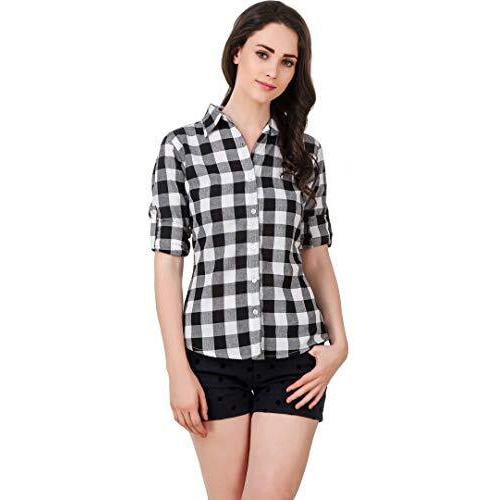 Vastraa Fusion Women's Cotton Checkered Shirt (Ts0930-Xl_Black-White_Xl)