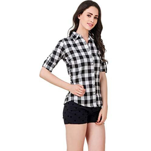 Vastraa Fusion Women's Cotton Checkered Shirt (Ts0930-Xl_Black-White_Xl)