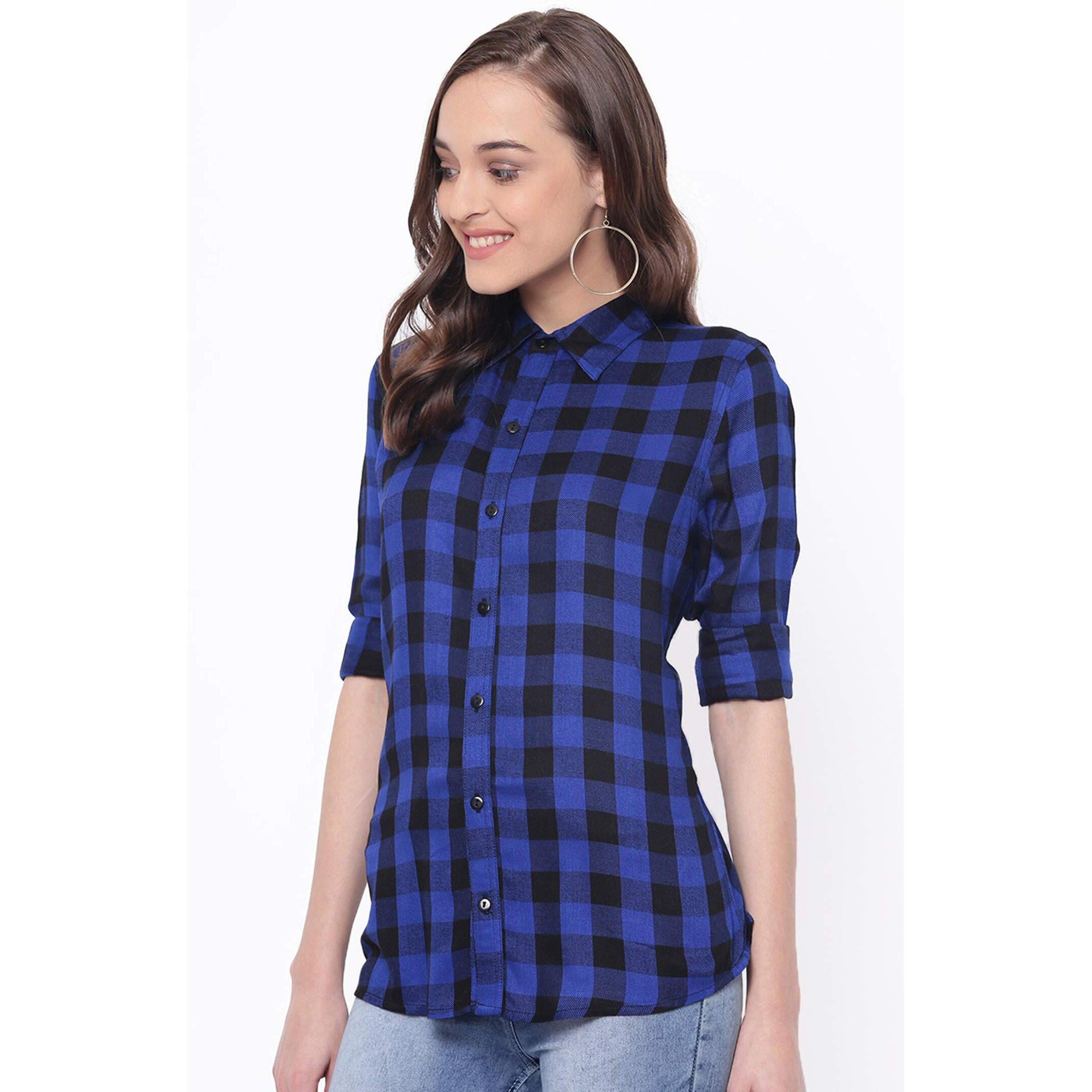Vastraa Fusion Women's Cotton Checkered Shirt (Ts0934-S_Royal Blue-Black_S)